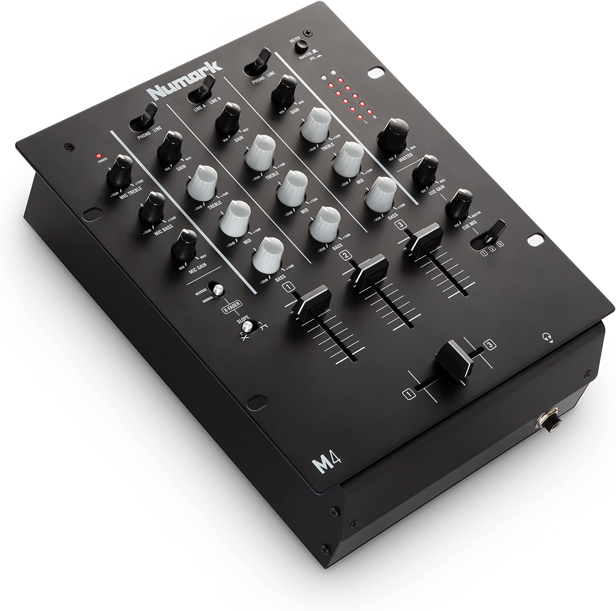 M4 - 3-Channel Scratch DJ Mixer, Rack Mountable with 3-Band EQ, Microphone Input and Replaceable Crossfader with Reverse and Slope Controls