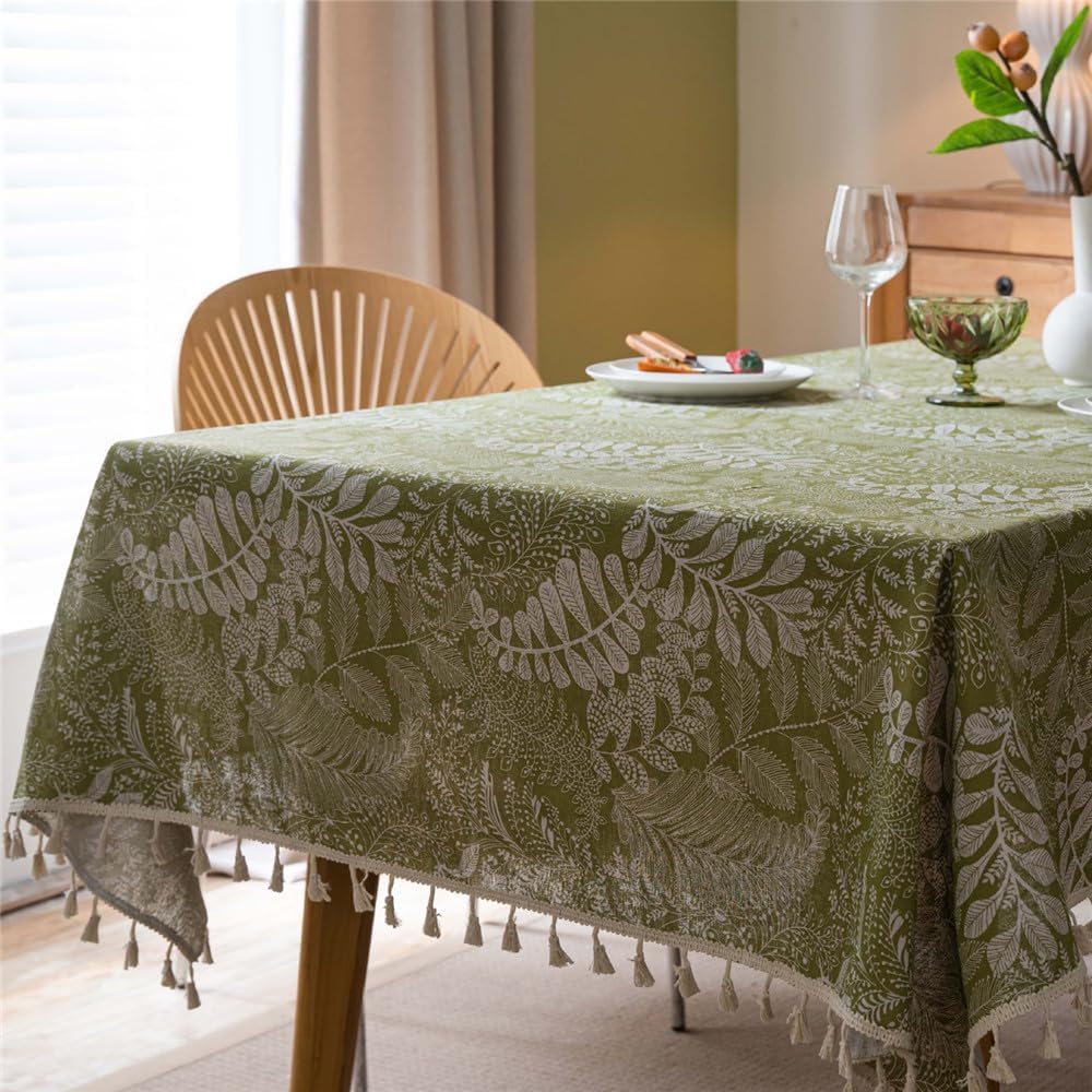 Green Leaves Tablecloth for Kitchen Dining Linen Cotton Blend Table Cover with Tassel Decor for Party Banquet Decorations Farmhouse Table Cloth for Home Decor Restaurant 1 Piece 55 X 87 Inch