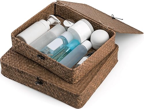 Miniatura 6 de Elsjoy 2 Pack Flat Seagrass Storage Bins with Lid, Wicker Woven Storage Basket Set, Rattan Organizer Bins for Shelf, Closet, Bedroom