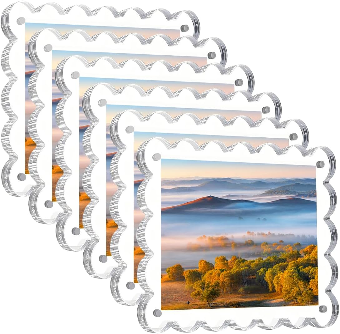 6 Pcs Acrylic Picture Frames, 5×5 Inch Square Magnetic Photo Scalloped Frames, 10+10mm Thick Block, Double Sided Magnet Frames, Clear Frameless Photo Display for Tabletop Displays