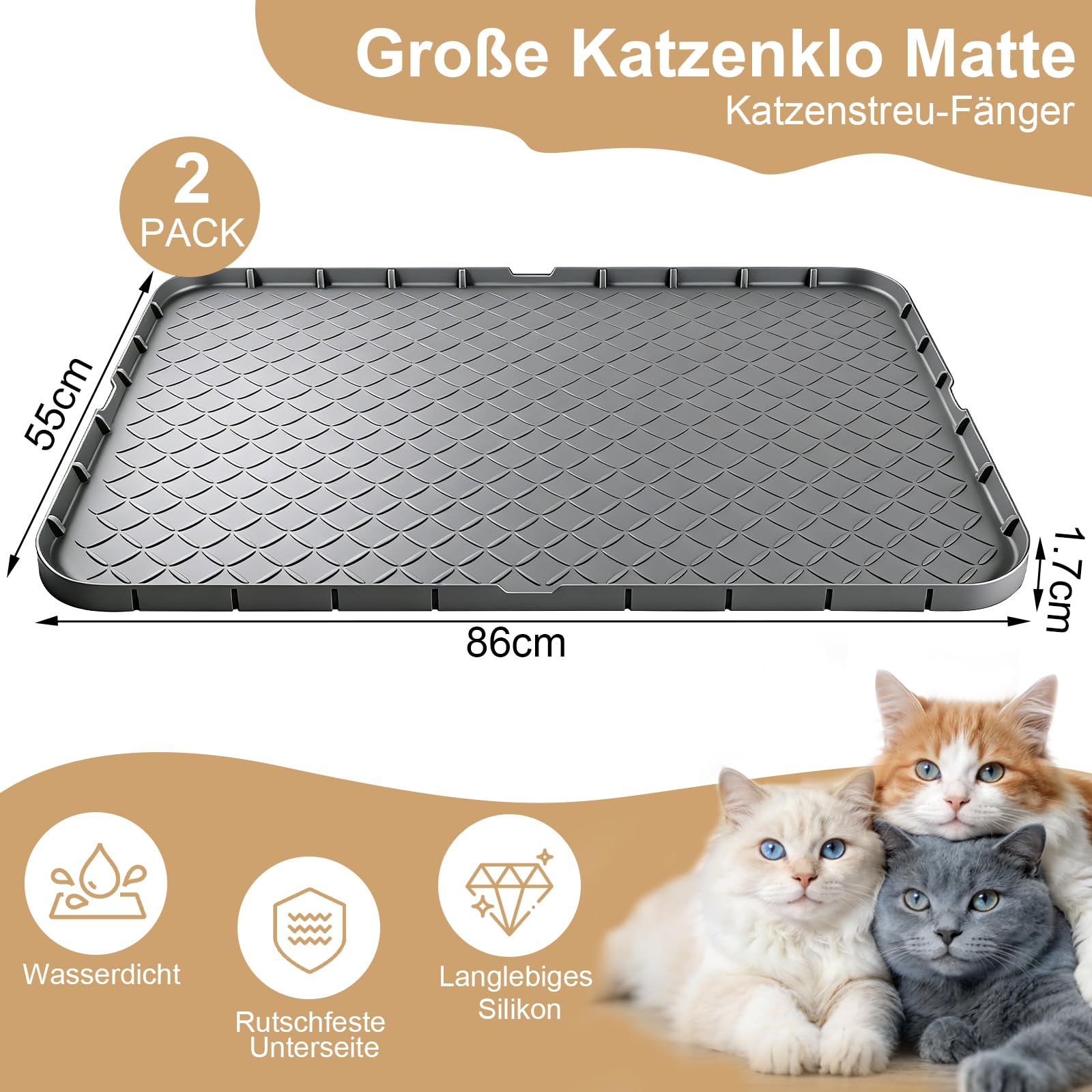 2er-Pack Silikon Katzenklo Matte XXL 86×55 cm – Wasserdicht, rutschfest & Leicht zu Reinigen – Premium Katzenstreu Unterlage für Mehrkatzenhaushalte, Grau