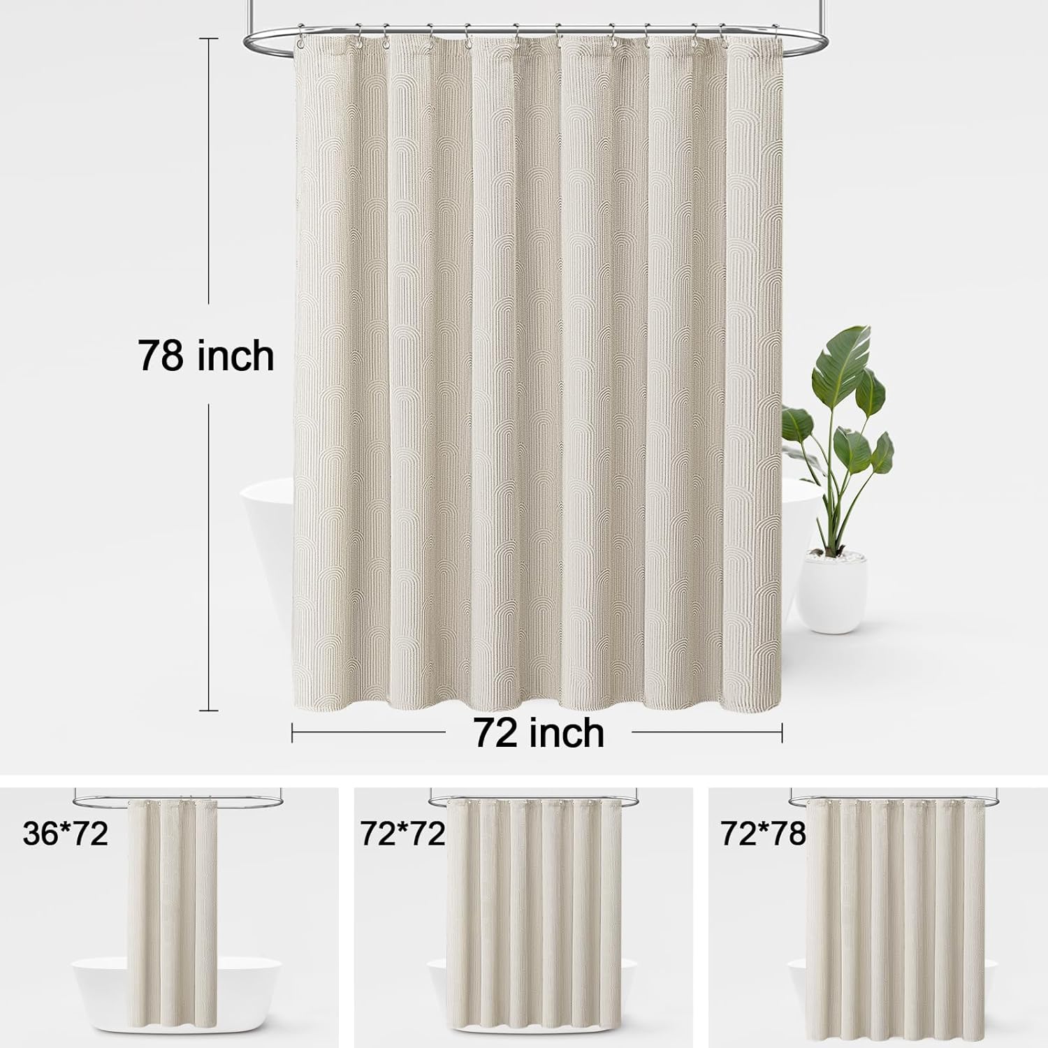 Boho Shower Curtain Cotton Texture Mid Century Minimalist Arch Shower Curtain for Bathroom, Greige,72" W X 78" L