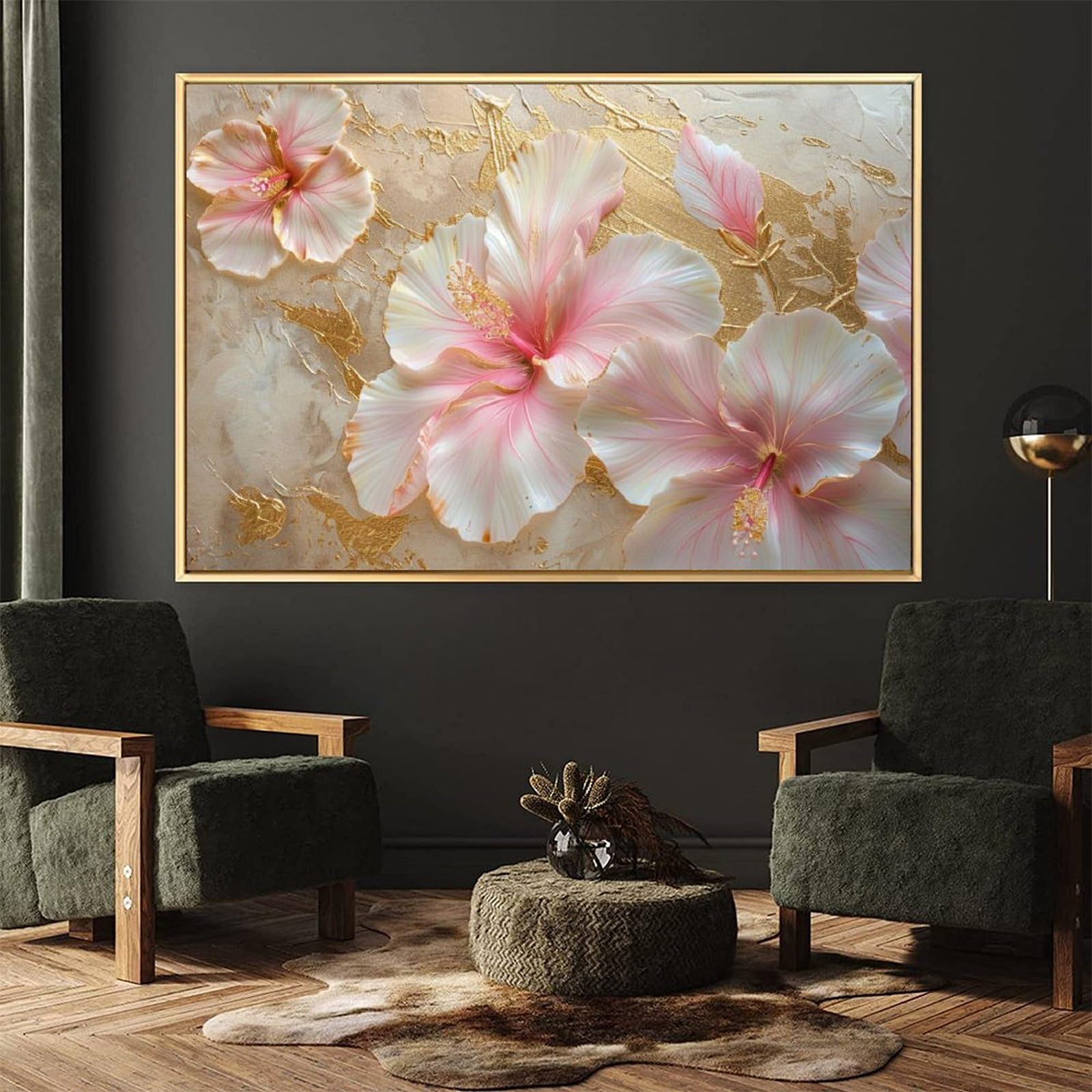 Amazon.co.jp: 絵画 ピンクゴールドのハイビスカスの花インテリア 絵画