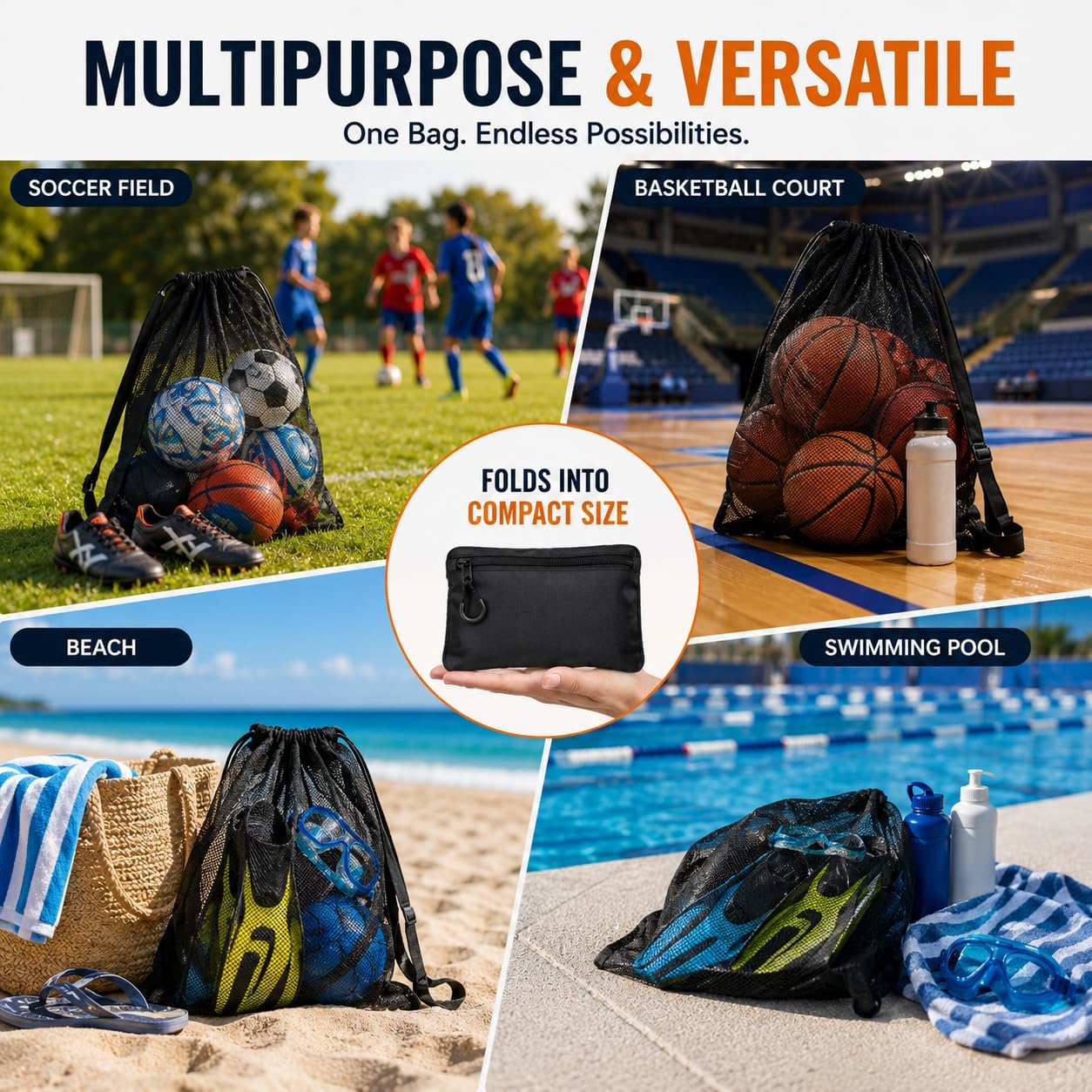 Foldable Drawstring Mesh Ball Bag,Holds 10+ Soccer Balls
