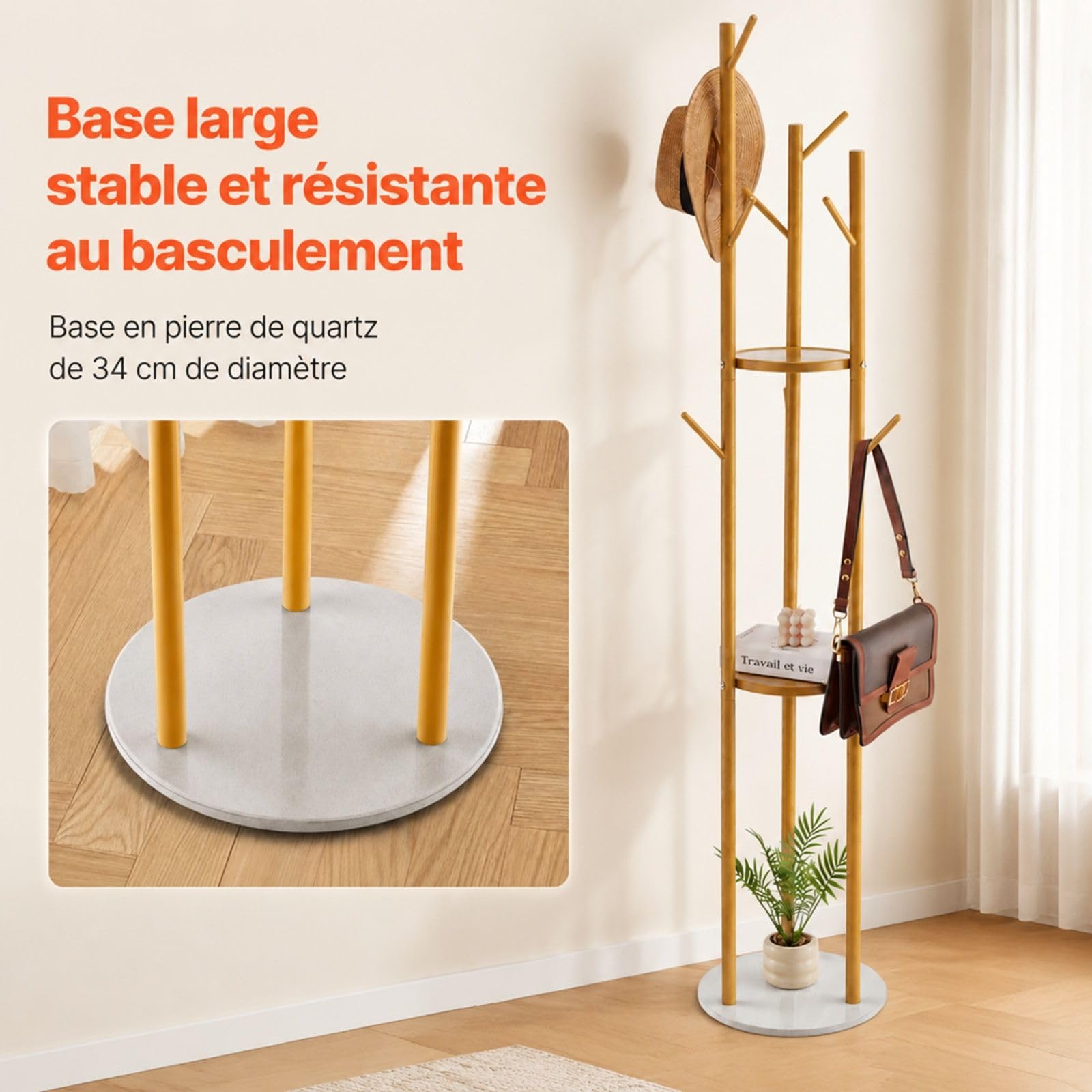 Portemanteau sur pied en métal avec base en quartz, 9 crochets pour entrée, chambre et bureau