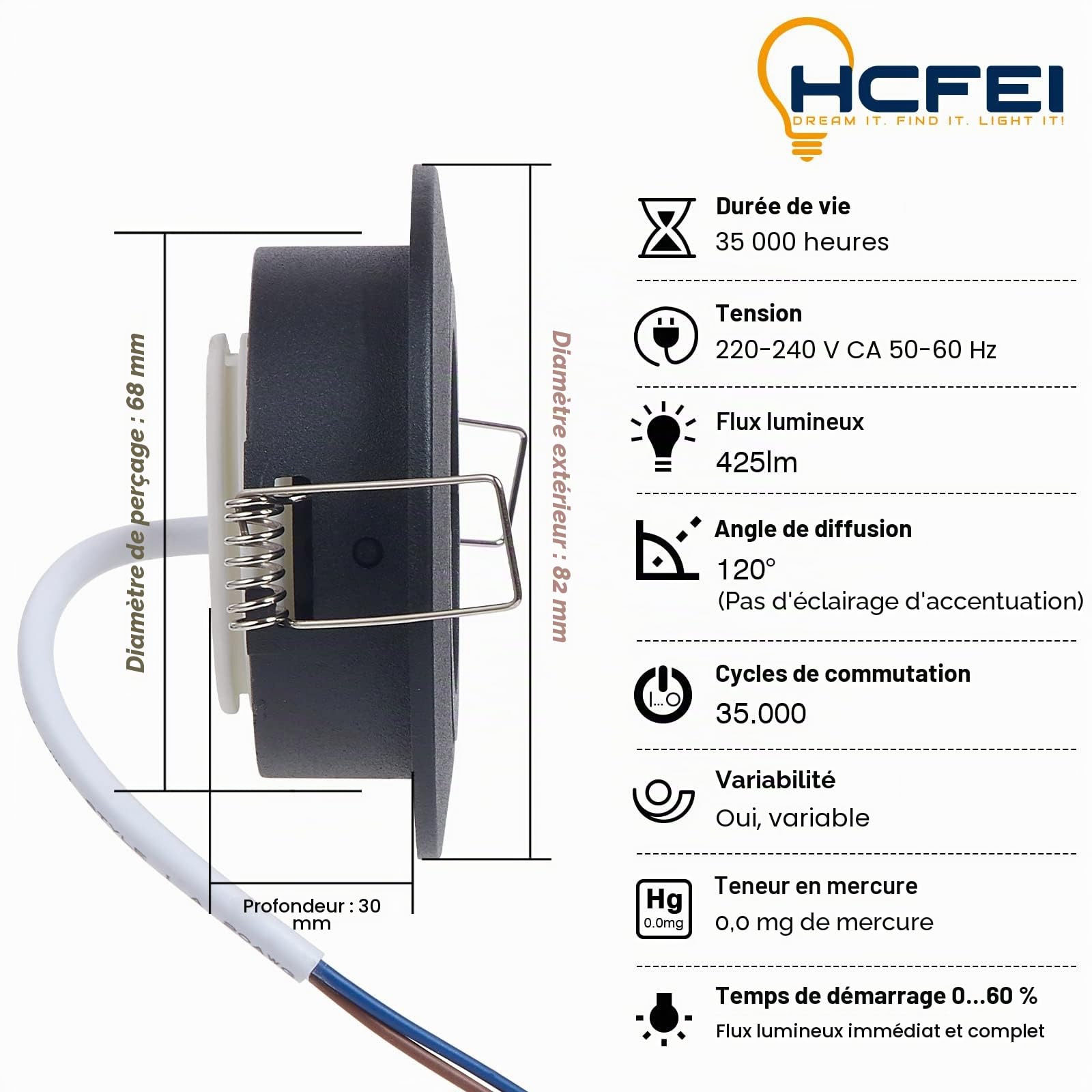 HCFEI Lot de 10 Spot Encastrable Complete Orientable Noir avec Dimmable Ampoule GU10 Module 5W 230V eq. 50W Lumiere Blanc Chaud 3000K