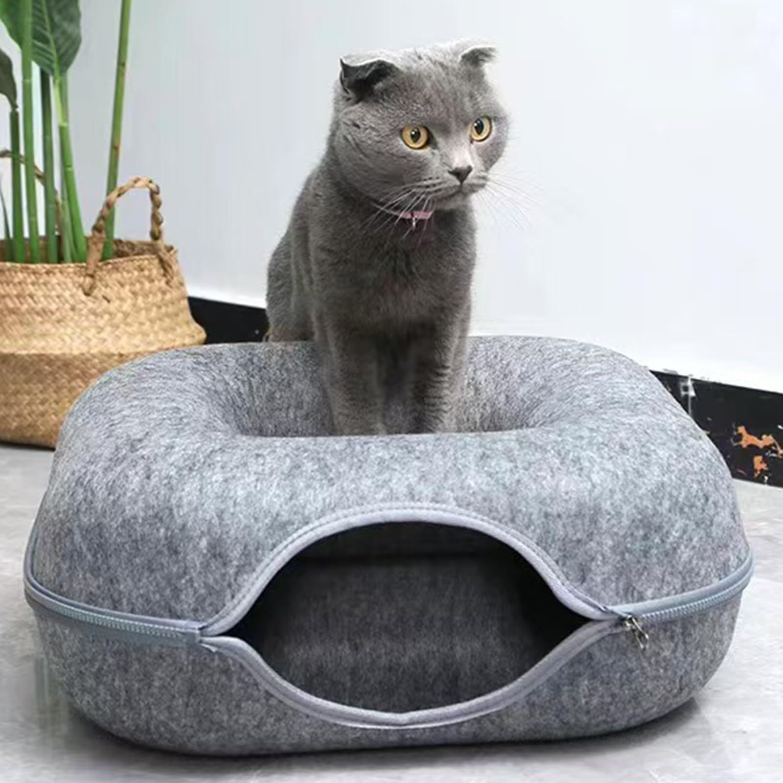 Cama y túnel de fieltro desmontable para mascotas de interior que ofrece privacidad y espacio de juego, túnel de juego para gatos