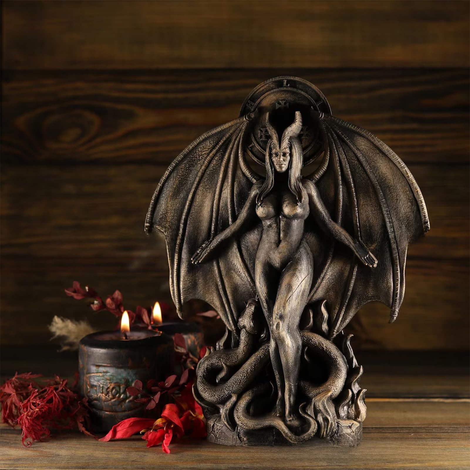 QNQB Lilith Statue - Satan vrouwelijke demonfiguur sculptuur, Scandinavische mythologie godin beeldjes westerse altaar ambachten ornamenten, handgemaakte harscollecties voor thuis desktop