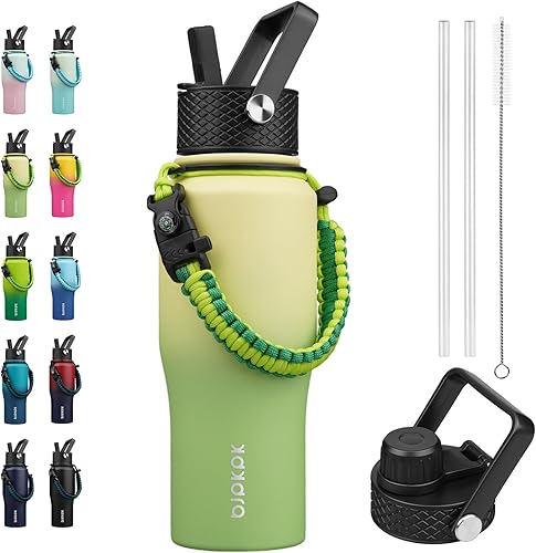 Miniatura 34 de BJPKPK Botellas de agua aisladas con tapa con pajita, botella de agua de metal de 23 onzas con 2 tapas y correa de paracord, vasos al vacío de acero