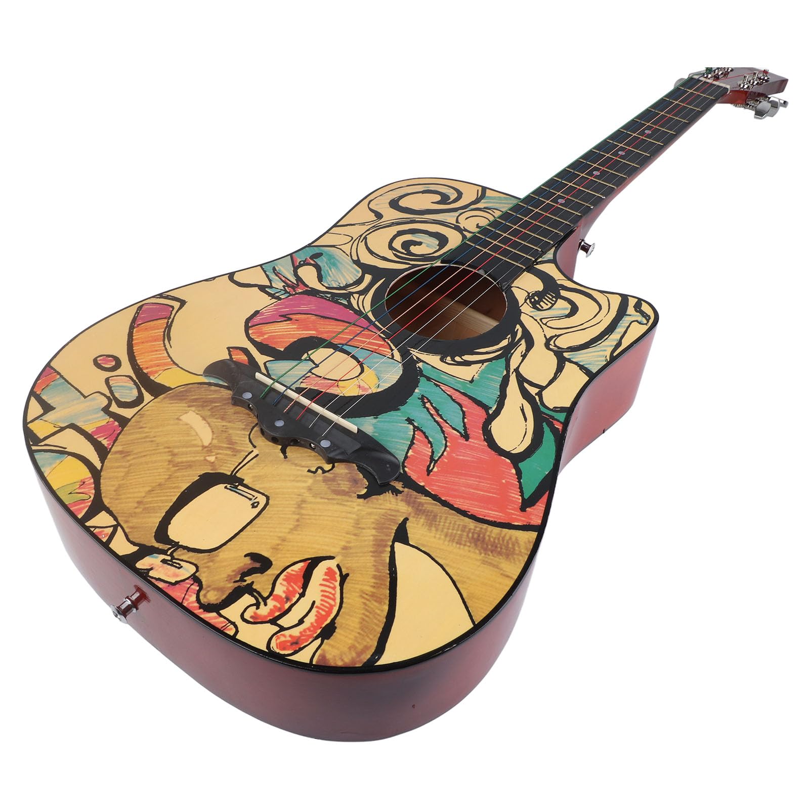 Drewniana Gitara, 38-calowa Gitara Akustyczna z podstrunnicą o Dużej Gęstości i Wzorem Graffiti, dla Początkujących