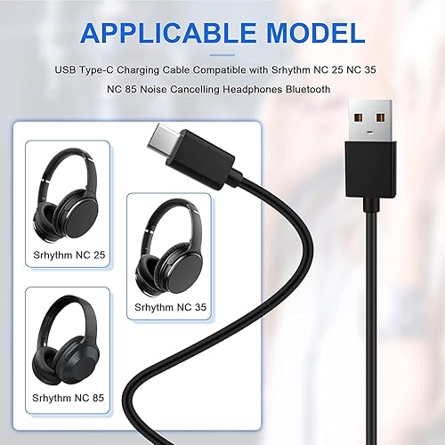 Miniatura 3 de Cable de carga USB tipo C de repuesto compatible con Srhythm NC 25 NC 35 NC 85, Soulmate Series 5, Soulmate Series 3, auriculares con cancelación de