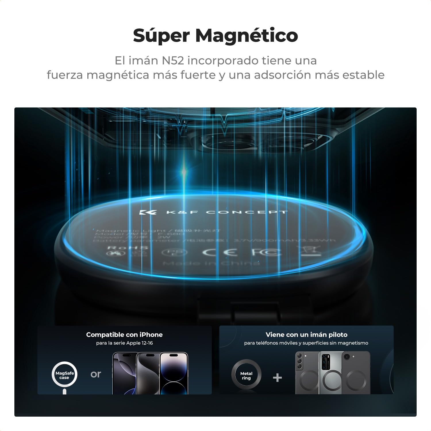 K&F CONCEPT Luz magnética para Selfies con Espejo, Anillo de teléfono móvil de 900 mah Compatible con iPhone Magsafe, luz de Relleno de Anillo de Selfie LED de 360 ° para Selfies, 673lux, Negro