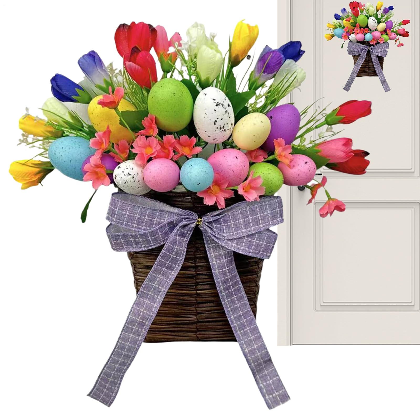 Couronne d'œufs et panier de Pâques pour porte ou décoration murale de 35cm