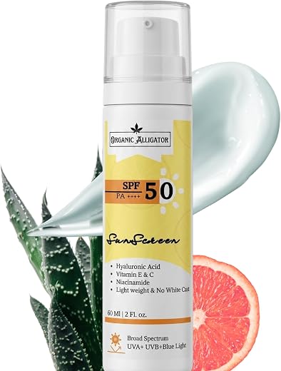 Organic Alligator Sunscreen SPF 50 PA++++, Broad Spectrum UVA+UVB+Blue Light, with Hyaluronic Acid, Vitamin E &amp; C, Niacina...