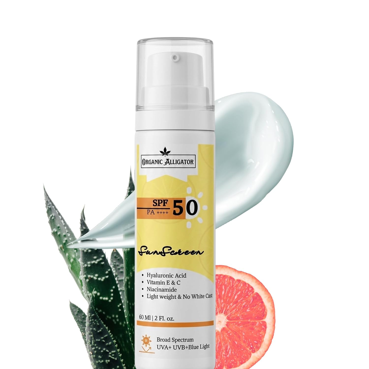 Organic Alligator Sunscreen SPF 50 PA++++, Broad Spectrum UVA+UVB+Blue Light, with Hyaluronic Acid, Vitamin E & C, Niacina...