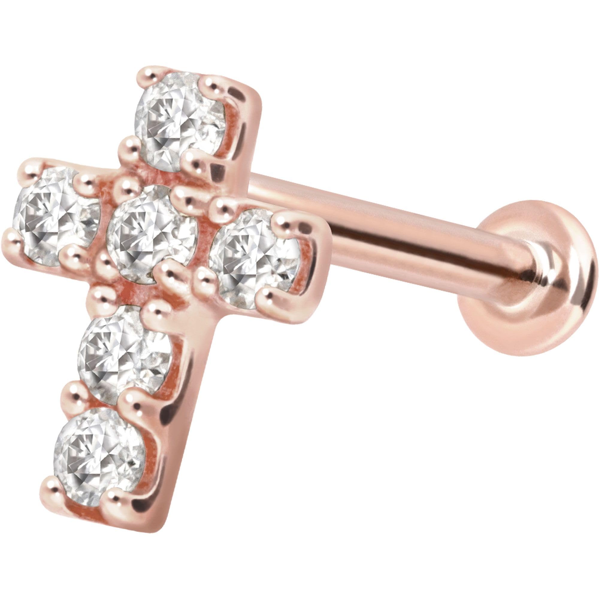PIERCINGLINE Piercing Stecker 14 Gold Labret mit Innengewinde MOISSANIT-KREUZ 585er Gold - Roségoldfarben, Goldfarben, Silberfarben