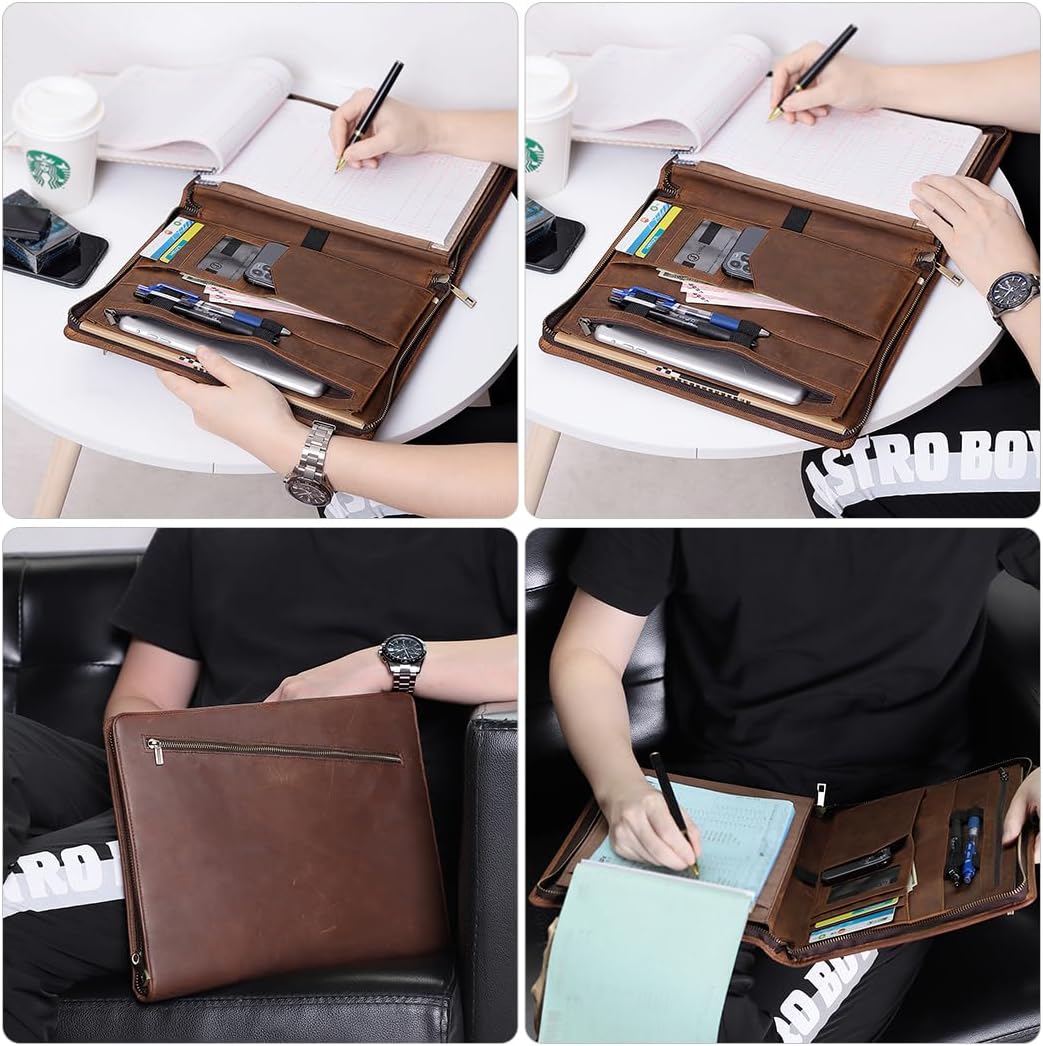 Crazy Horse Leather Portfolio Binder with 3-Zipper, 11-inch iPad Holder Padfolio, Executive Business Organizer for iPad Pro 13, Air 13, Mini, Document Case & Legal Pad Holder for Men & Women