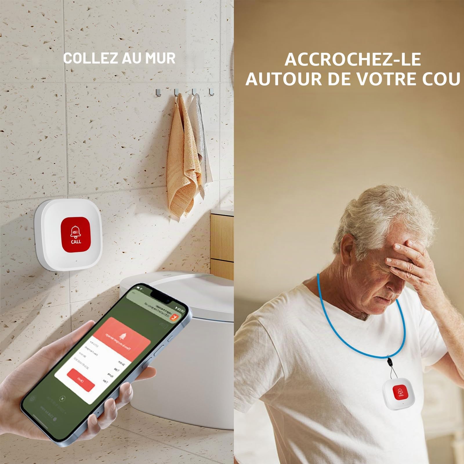 Bouton d'urgence intelligent WiFi pour personnes âgées, blanc, contrôle d'application Tuya, portée WiFi de 10 m