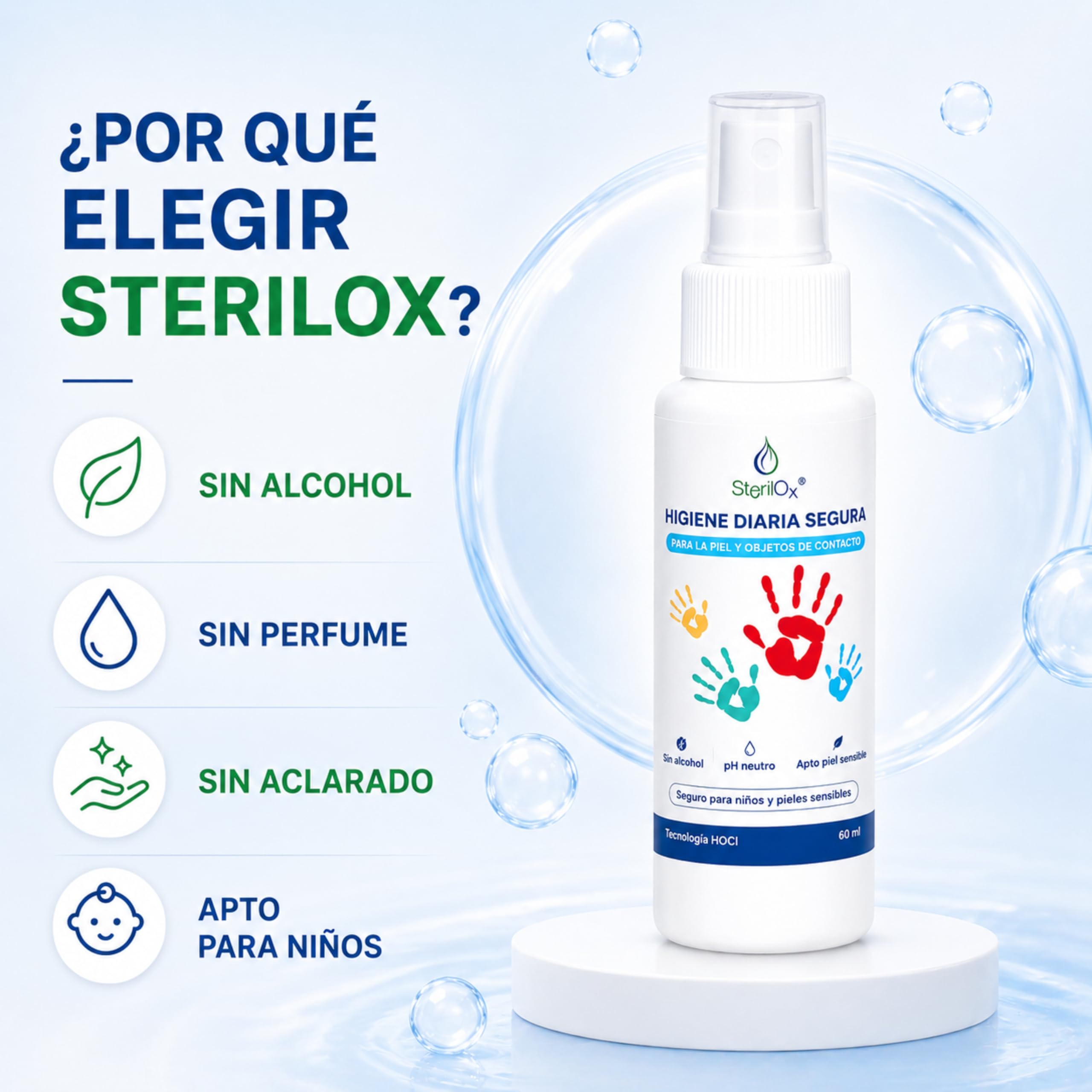 60 ml - spray cosmético antiseptico - para manos, juguetes, platos, objetos/seguro para niños y mascotas/sin alcohol/sin perfume/con ácido hipocloroso (HOCl)