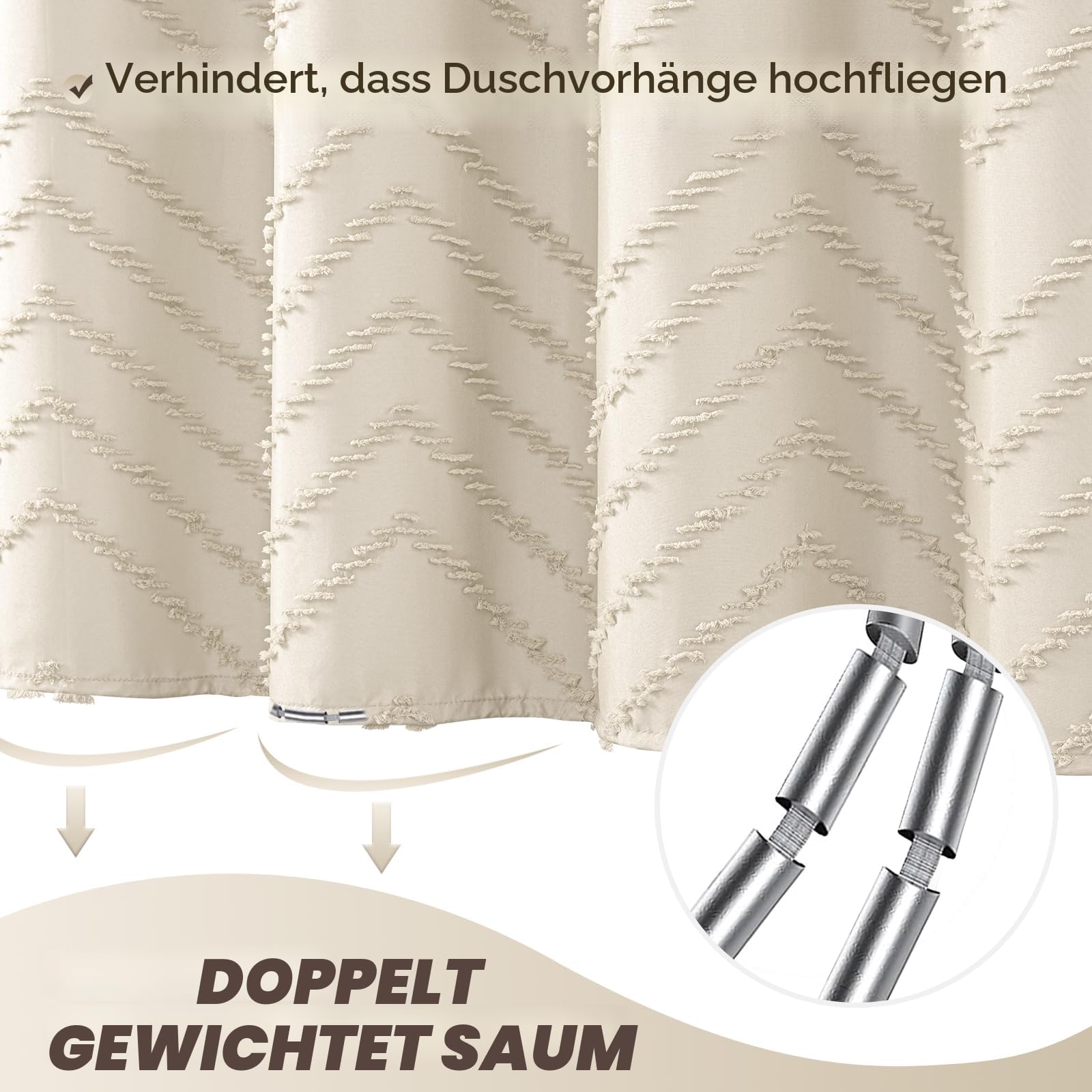 Duschvorhang, 213 cm, extralang, Boho, neutral, getuftet, Chevron, strukturiert, gestreift, minimalistisch, Duschvorhänge für Badezimmer