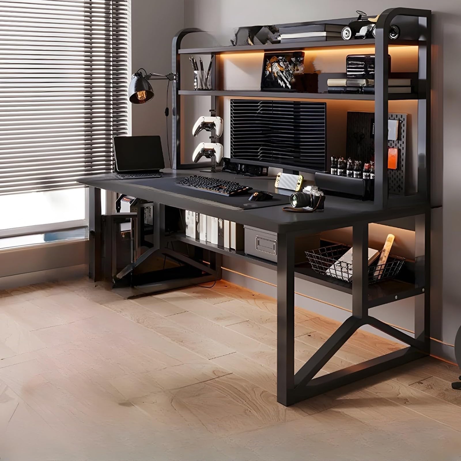 Bureau d'ordinateur en bois 100cm compact avec étagère de rangement et pieds métal pour petit espace