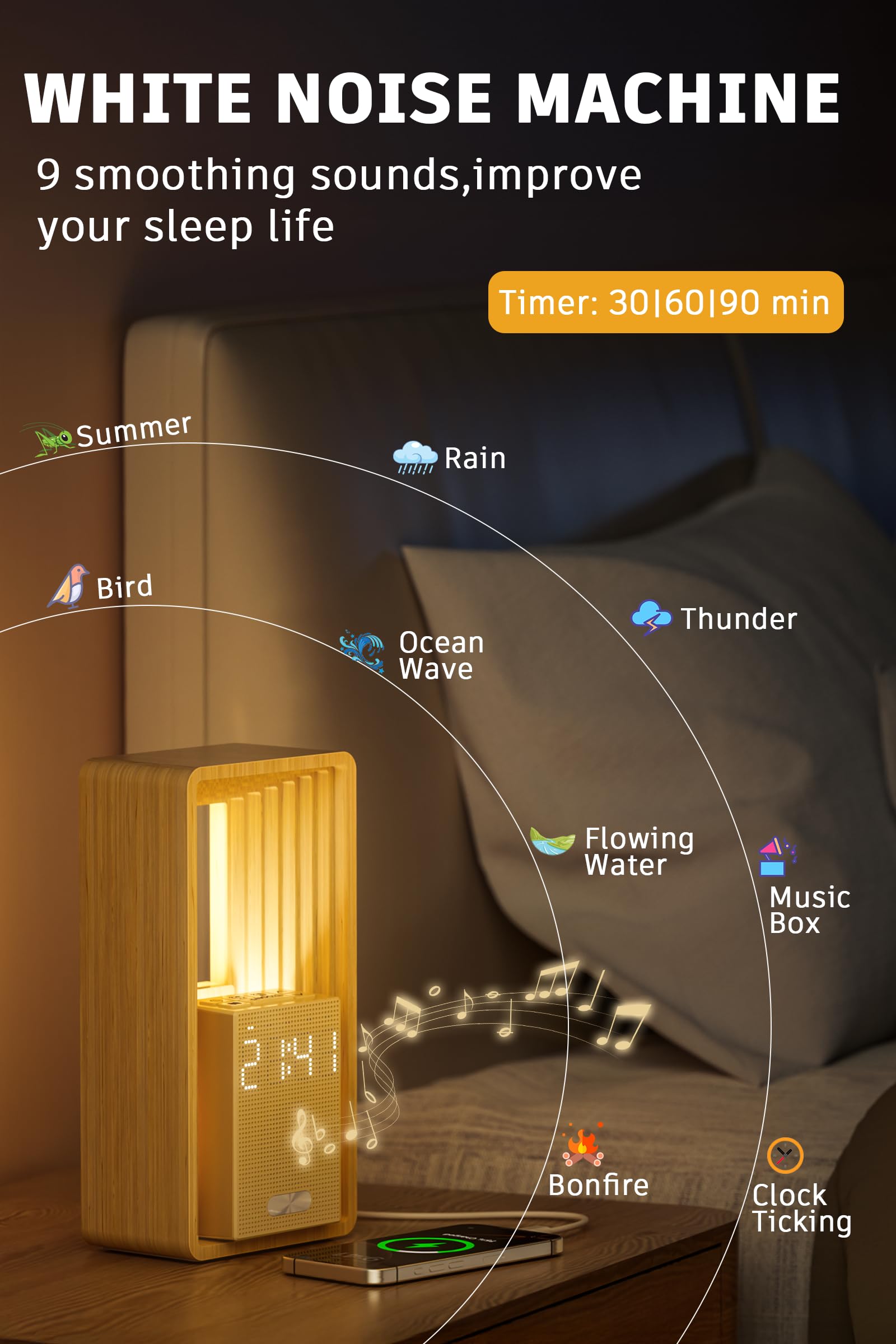 Nachttischlampe mit USB-Ladeanschluss & Uhr, Dual-Alarm mit Aufwachlicht & Schlummerfunktion - 9 Schlafgeräusche Nachtlicht, Timer & Dimmbares Display Nachttischleuchten für Schlafzimmer, Deko