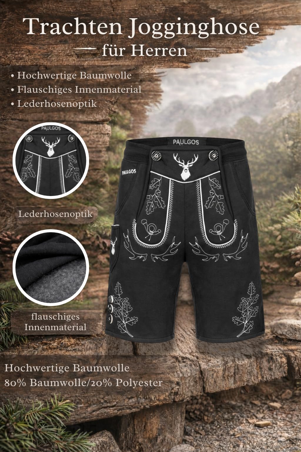 PAULGOS Herren Trachten Jogginghose JOK5, Optik Trachten Lederhose, Gr.S-5XL