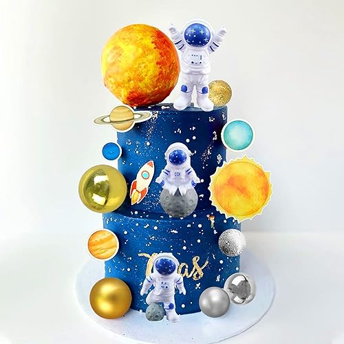 Miniatura 6 de 40 adornos para tartas de astronauta, figura de astronauta del espacio exterior, meteorito, planeta, cohete, estrellas y bola dorada de plata,