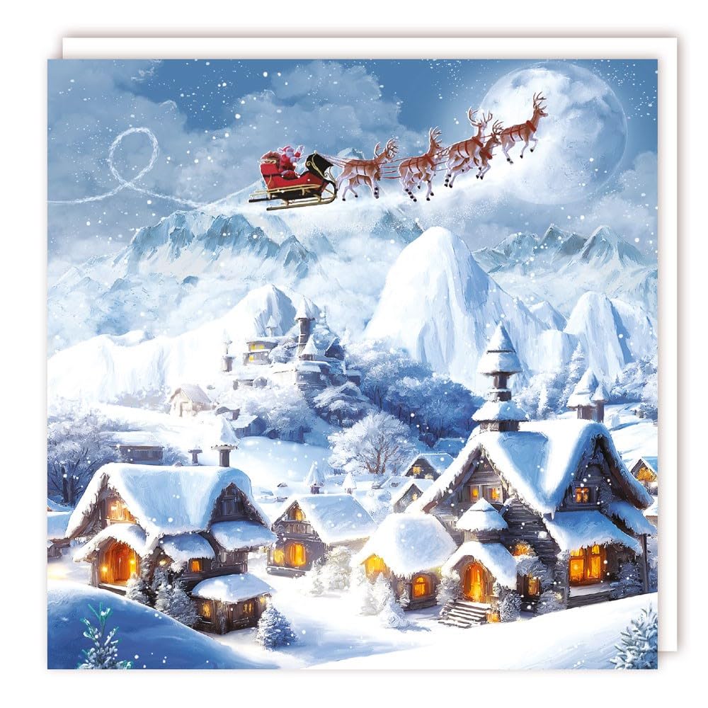 Tracks Publishing Charity Christmas Cards Pack of 5, Charity Christmas Cards with Santa Flying Over Snowy Houses Scene