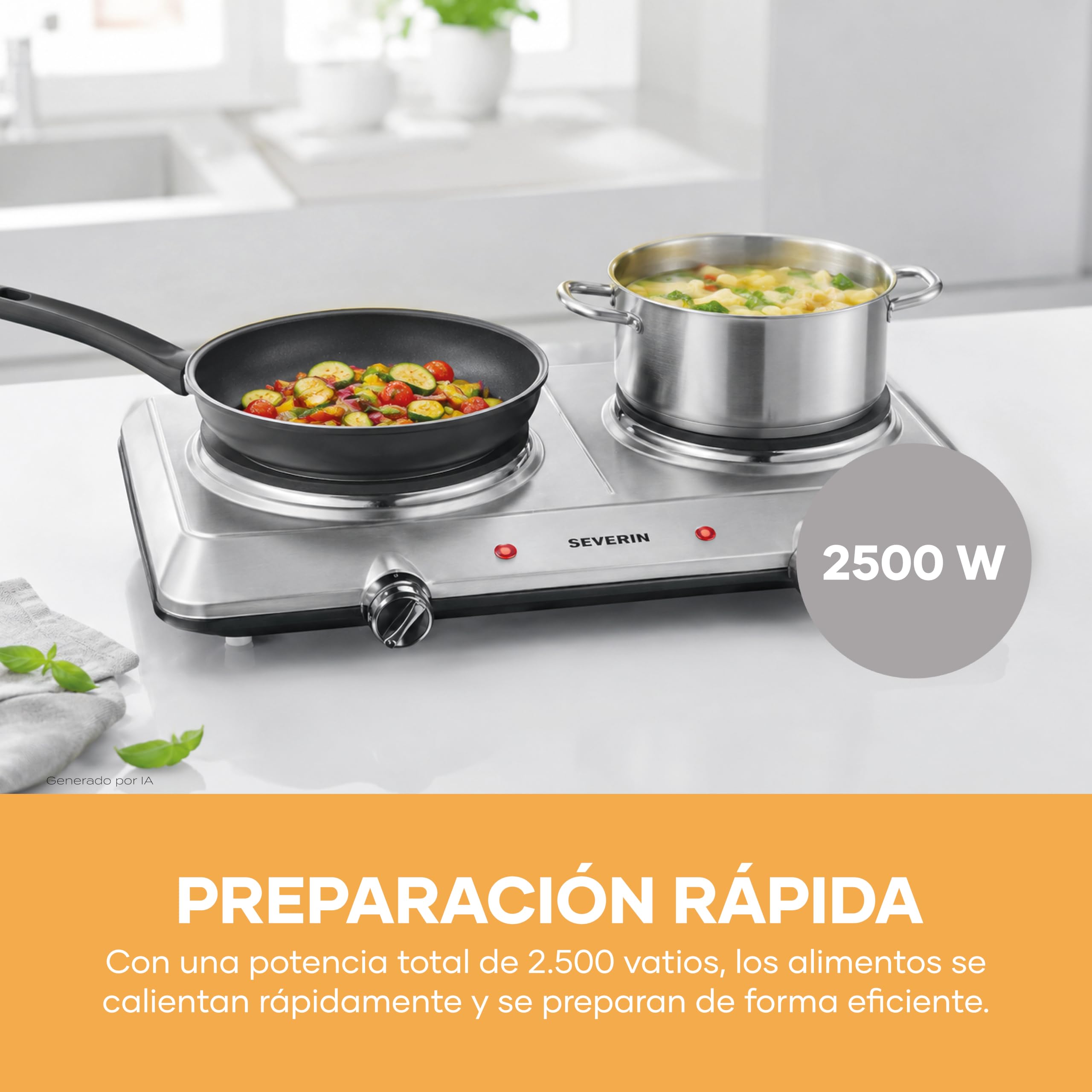 Severin Placa de cocina doble, eléctrica, con 2 fuegos, hornillo de camping | 2 anillos calefactores, 1000/1500 W, potencia regulable, 2 placas, luz indicadora, acero inoxidable, color plateado, 1014