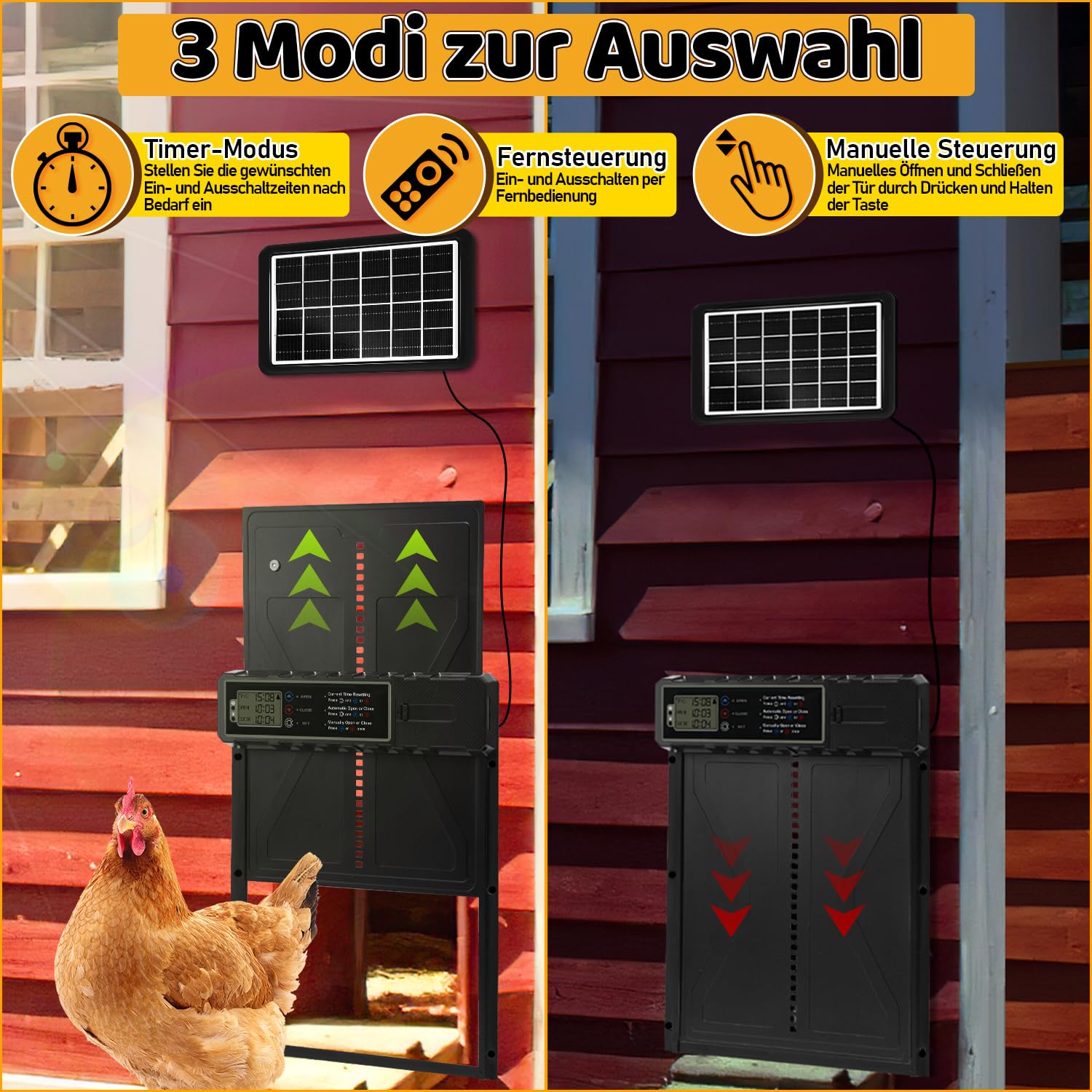 Hühnerklappe Automatisch Solar, Aluminum Elektrische Hühnerklappe Hühnertür mit Wasserdicht Großes LCD Display, Timer und Fernbedienung, Einklemmschutz