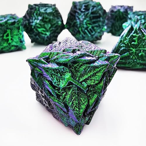 Miniatura 5 de HAOMEJA Juego de dados de metal con hojas de vid DND, 7 dados poliédricos para juegos de rol D&D, dados sólidos de mazmorras y dragones (verde azul)
