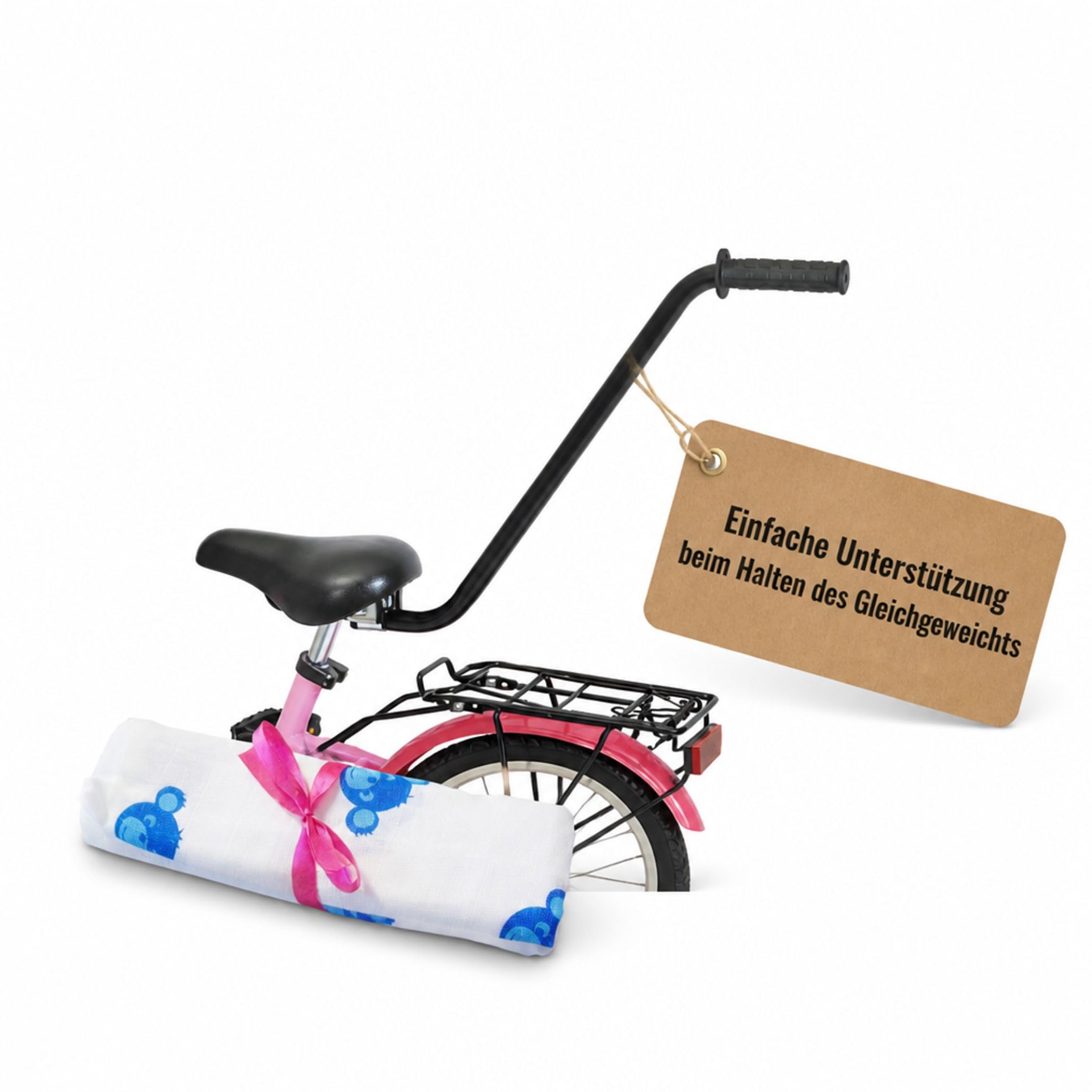 Puky Fahrradlernhilfe Sattel mit Schiebestange Schwarz & Windel Blaubaer | Schnelle Montage, Balance-Hilfe für Kinder | Kompatibel mit 12-18 Zoll Puky Fahrrädern