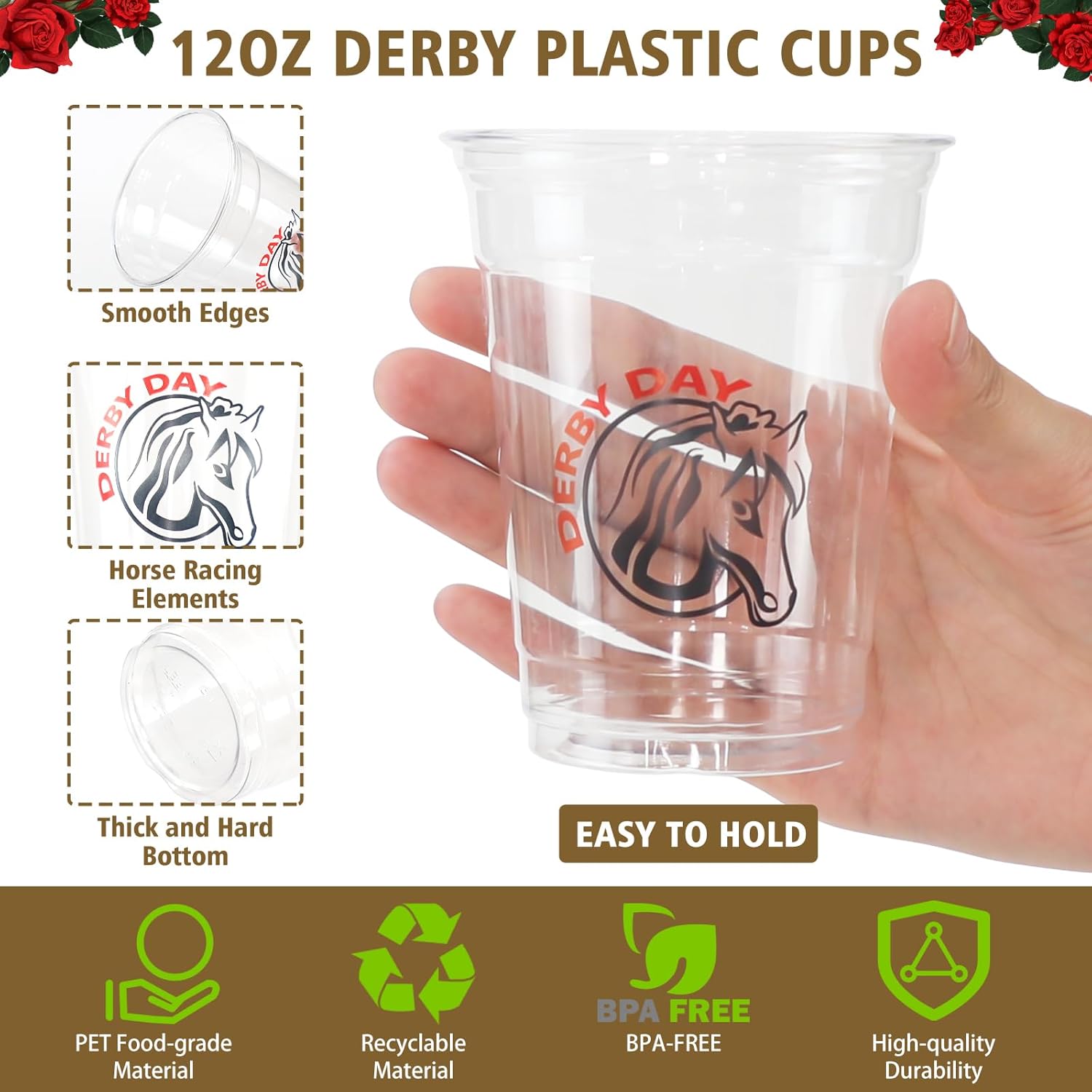 MUOUAKATE Derby Cups Plastic Disposable Bulk, 100 Pack 12 oz Derby Clear Julep Cups with Plastic Straws and Cards for Derby Party Decorations Supplies Horse Racing Favors Gift