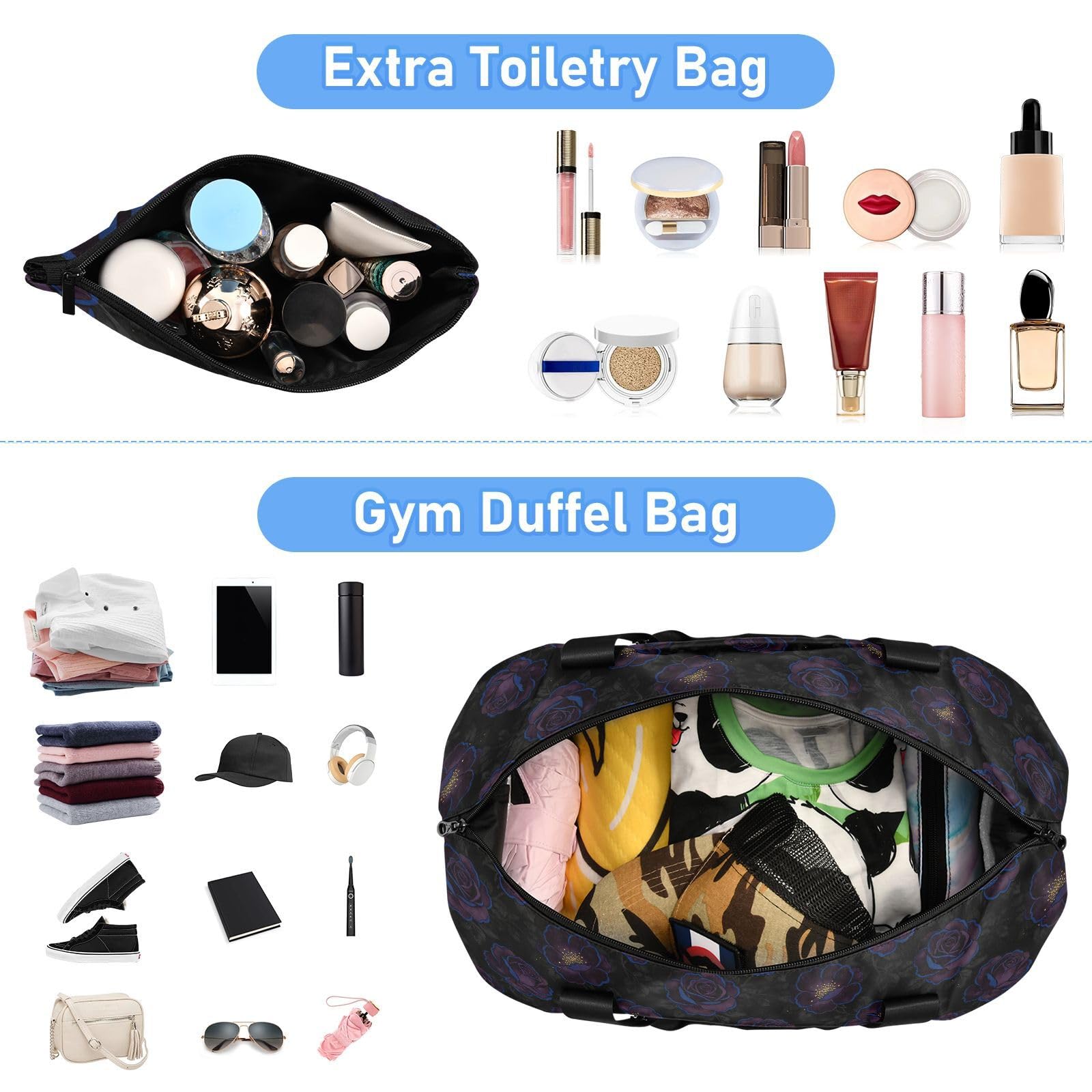 Borsone pieghevole con fiore viola scuro nero borsa da viaggio Weekender Gear Bag con borsa da toilette per escursionismo