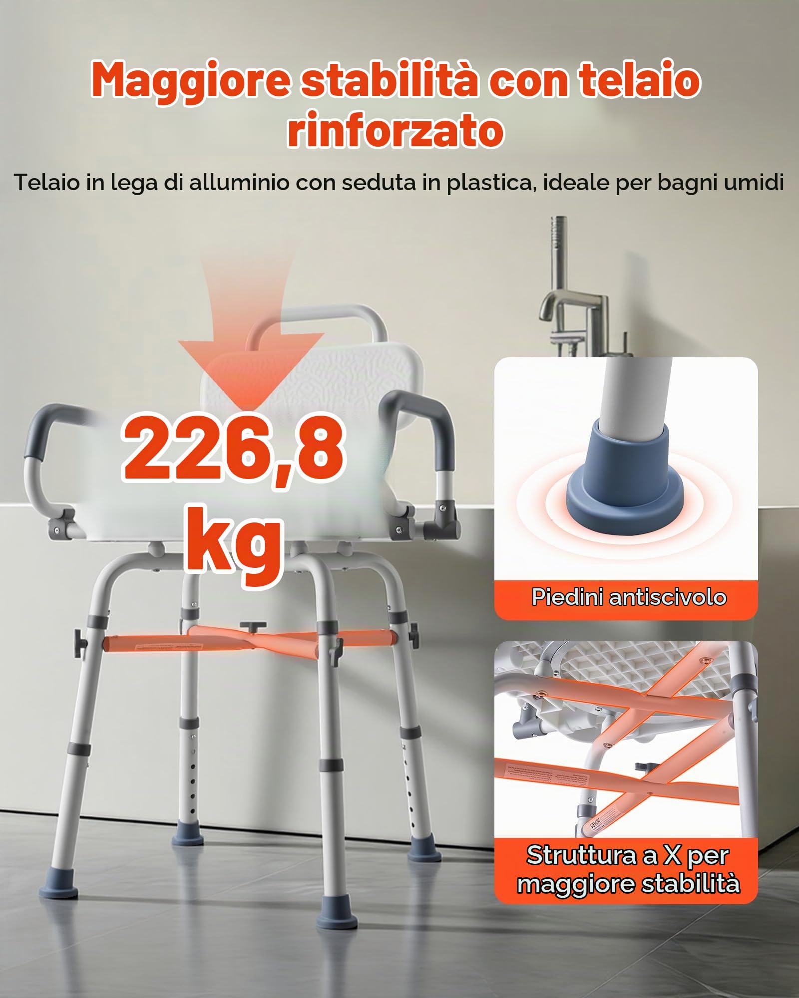 VEVOR Sedia da Doccia Girevole 360° con Braccioli Schienale, Sedia da Doccia per Anziani Pazienti Carico max 227 kg, Sedile Girevole per Vasca da Bagno Box Doccia Altezza Regolabile 415 a 540 mm