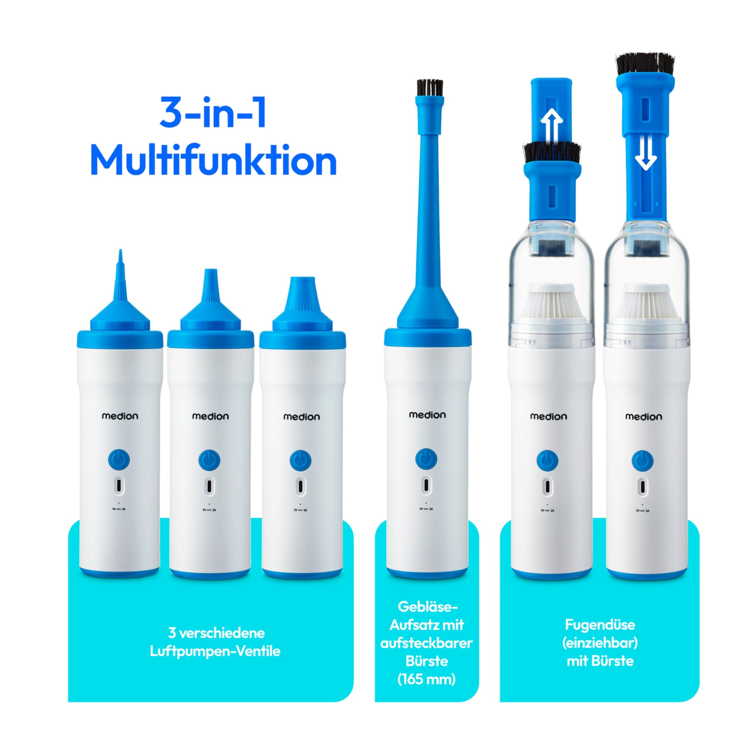 MEDION Handstaubsauger (Akku, kabellos, 3in1 Staubsauger, Luftpumpen und Gebläsefunktion, Starke 5 kPA Saugleistung, Staubbehälter, USB-C, MD19877)