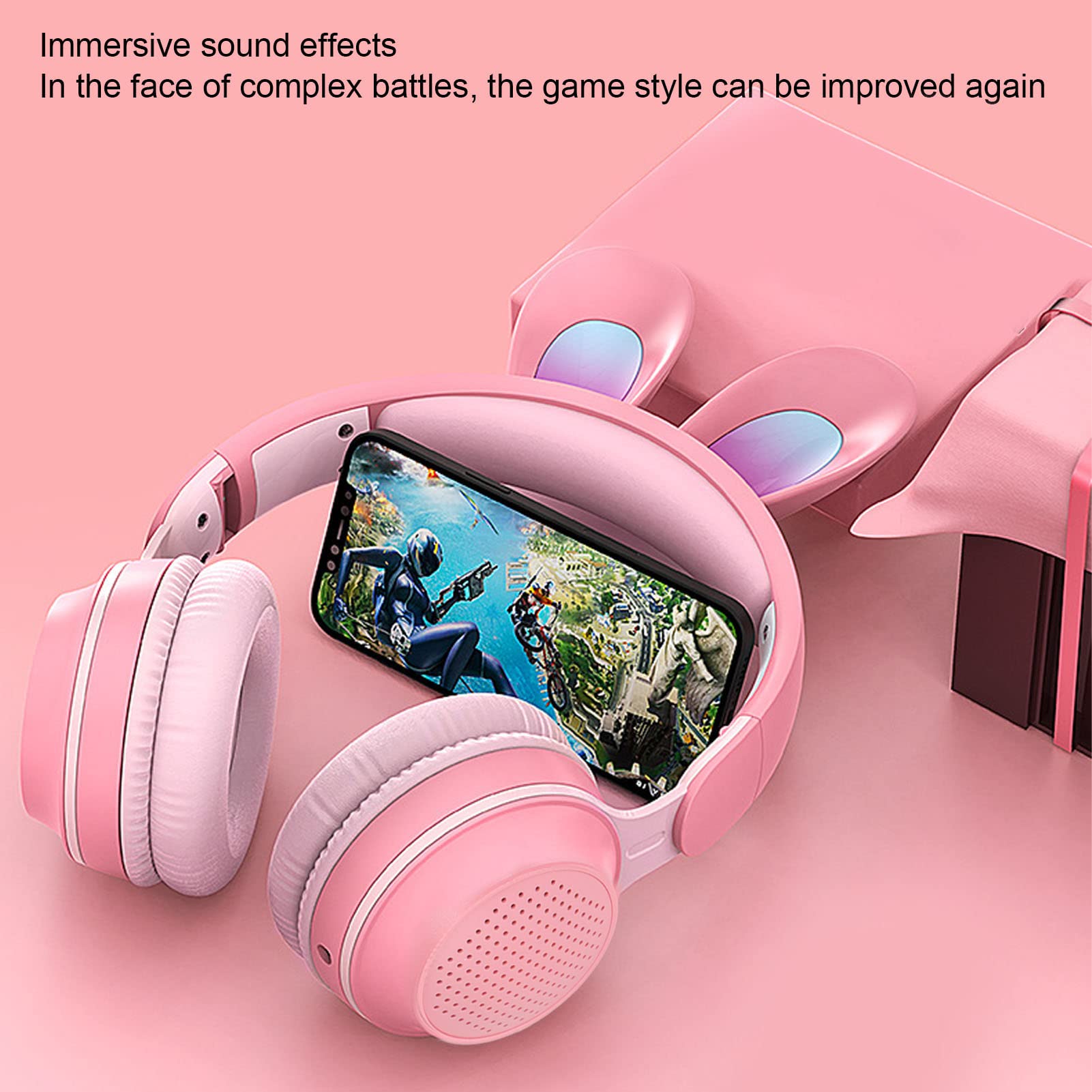 Cuffie Bluetooth 5.0 Pieghevoli con Microfono Simpatico Orecchio di Coniglio Cuffie Over-Ear Wireless per Bambini Verdi Adolescenti Adulti, 12 Ore di Ascolto, TF/Aux, 7 Modelli Integrati Luce(Rosa)