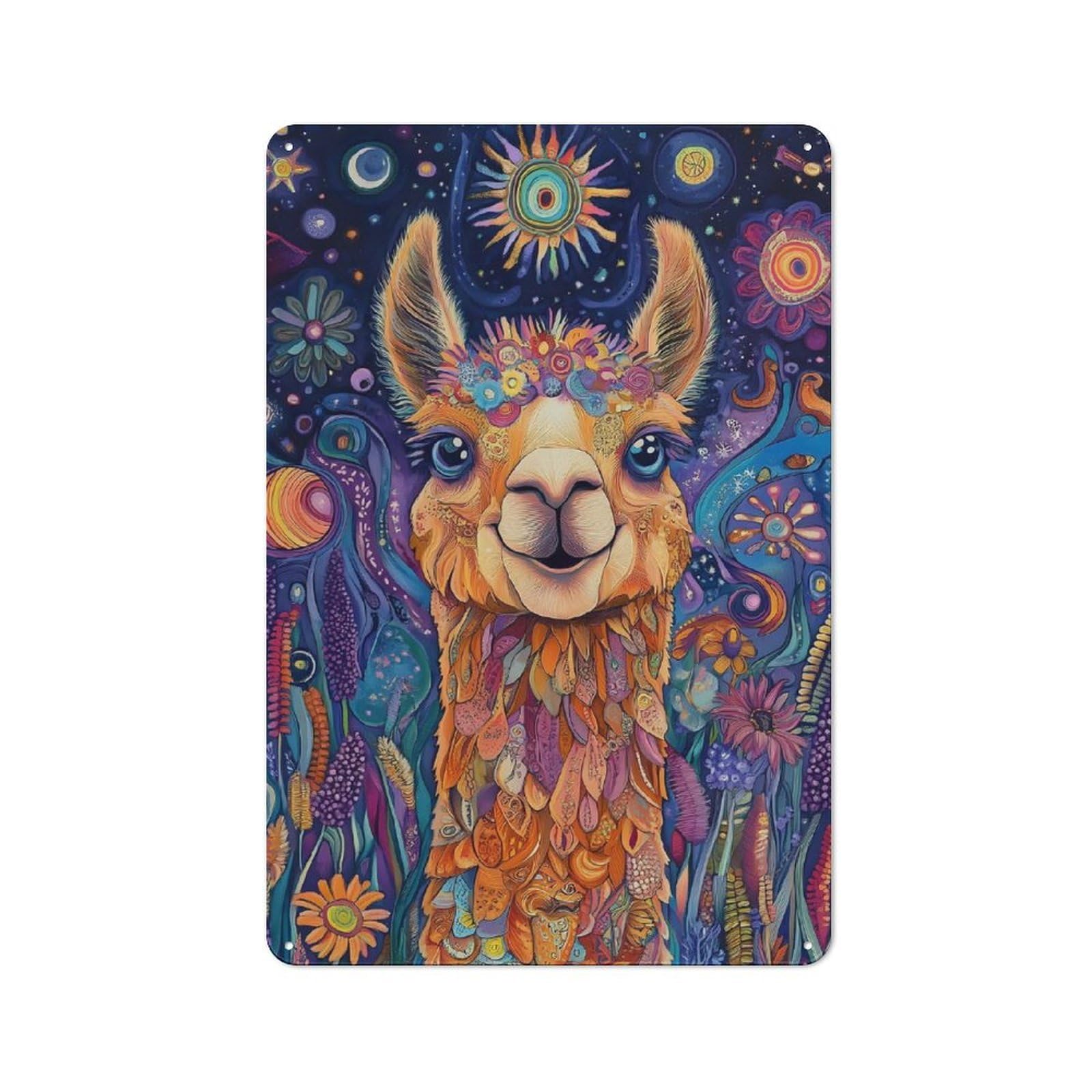 Metal Sign 30x20cm with Llama in Blooming Meadow – Sunrise Fantasy Wall Art for Garage Wall, Vintage Decor, Winter Wall Decor for People Furnishing A Garage