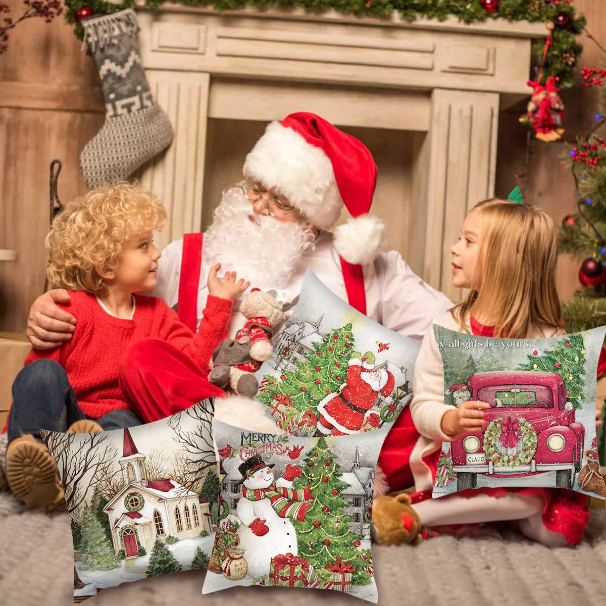 Lot De 4 Taies D'oreiller De Noël 45x45 Cm - Motifs Père Noël, Rennes - Coton Lin Pour Canapé, Déco