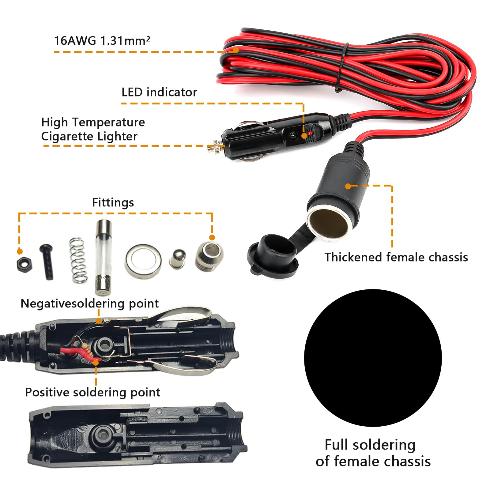 YINGAYOU Prolunga Accendisigari Auto 16AWG 15A Cavo Prolunga Accendisigari 12V 24V con LED e Copertura Impermeabile Adatto per Auto, Moto, Barche (1 m