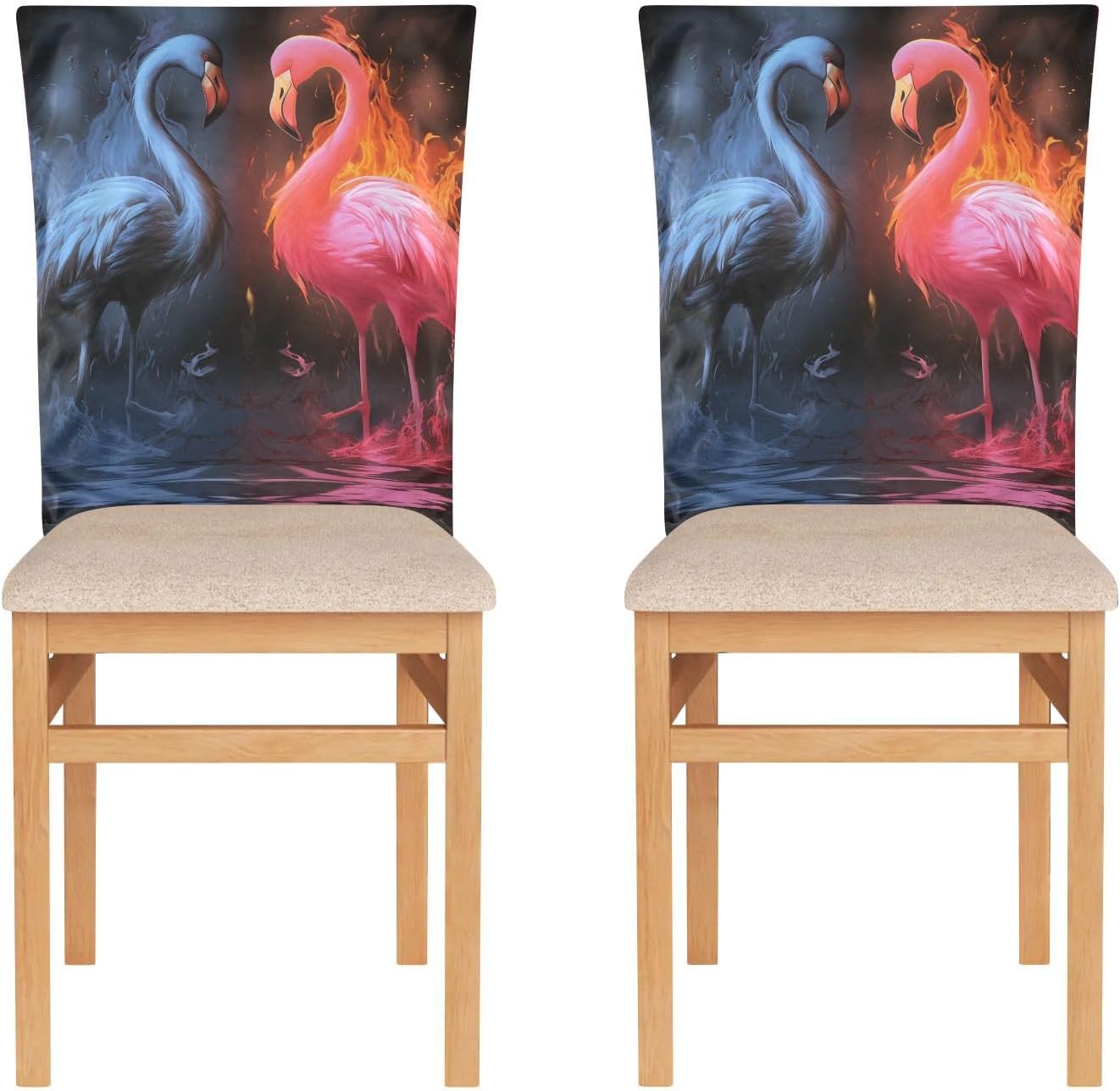 ALAZA Flamingo in The Fire and Water Chair Back Cover Set of 6, Washable Reusable Removable Chair Slipcovers Decorative Chair Cover for Home Kitchen Wedding Party