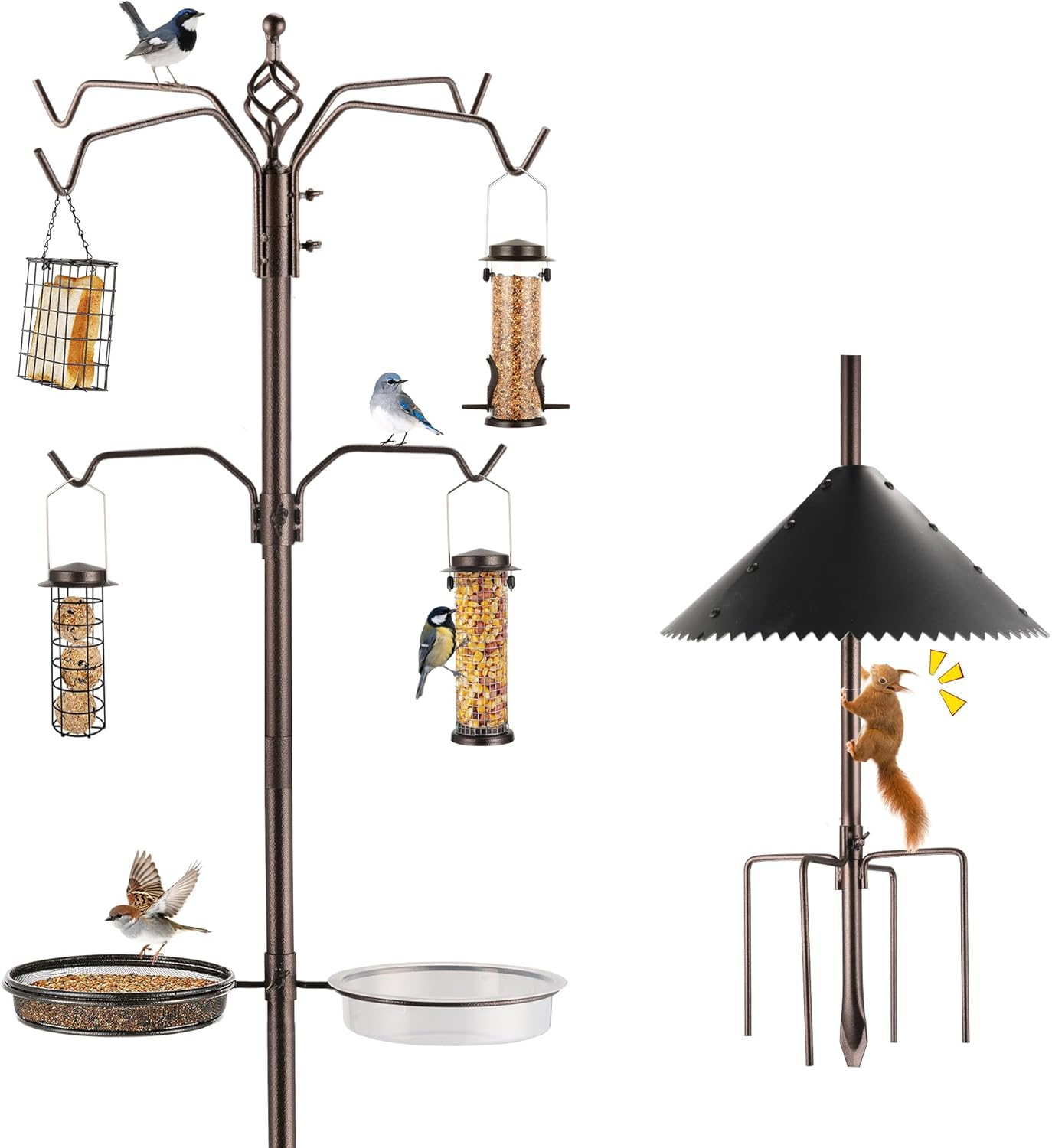Bird Feeder Station Kit - Wild Bird Feeder Pole with Multi Feeder, Suet Cage, Planter Hanger with Squirrel Guard Baffle for Attracting Birds