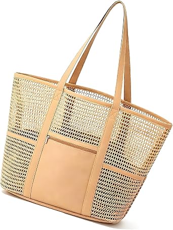 COSTOYFUN Beach Bags for Women, Sandproof Woven Shoulder Handbag, Travel Tote with Wide Comfortable Strap, Multiple Outer Pockets, Large Capacity Casual Bag for Vacation Pool
