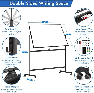 Maxtek Rolling White Board on Wheels 48x36 in, Double-Sided Magnetic Black | Mobile Dry Erase Board with Stand, Aluminum Frame Easel, Reversible Writing Surface for Office, Classroom School Homeschool