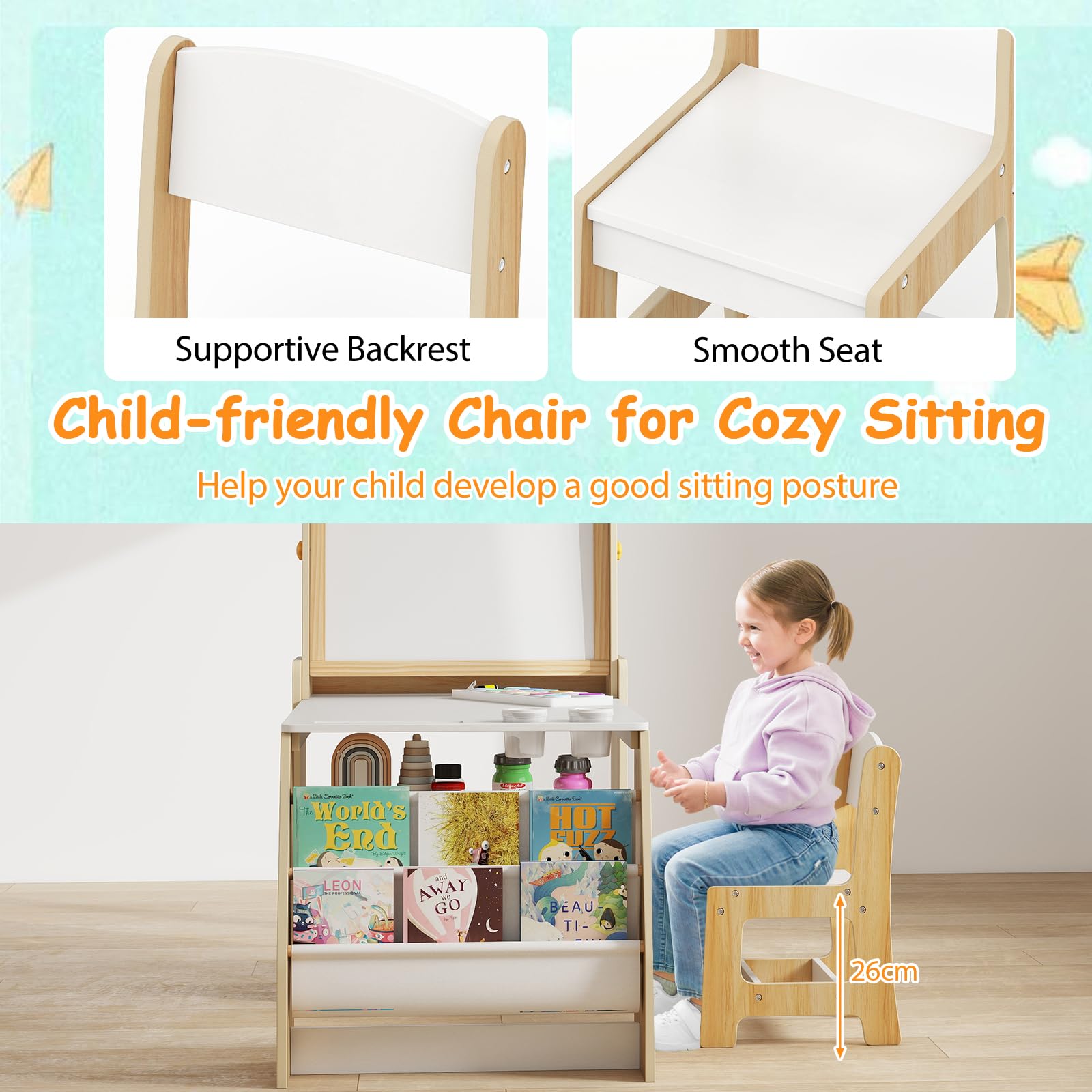 LIFEZEAL Tavolino e Sedia per Bambini, Tavolo da Disegno con Lavagna a Doppia Faccia, Rotolo di Carta, Sacchi Portaoggetti, Sedia Ergonomica con Schienale (naturale)