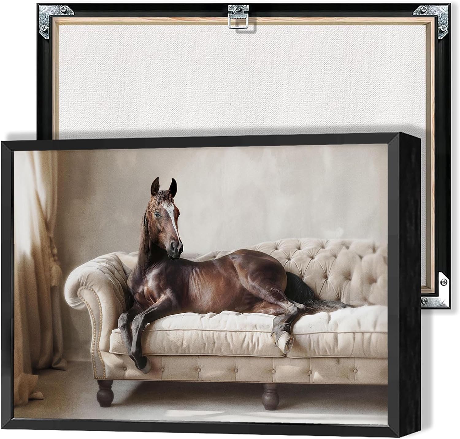 Black Framed Vintage Brown Horses Canvas Posters Whimsical Horse On Sofa Wall Art Rustic Farmhouse Horses Animal Prints Painting For Living Room Bedroom Dorm Wall Decor 24x36in
