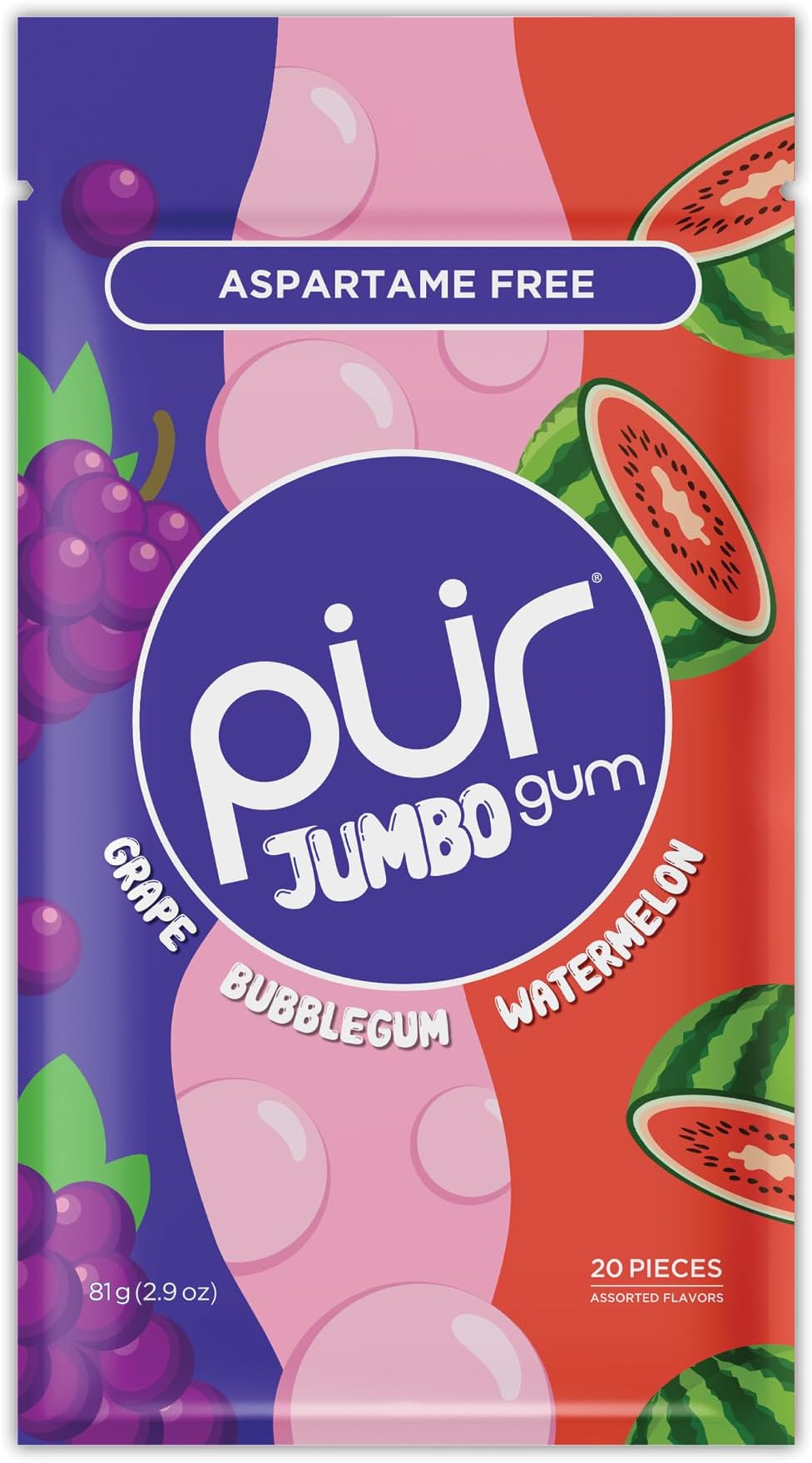 PUR Jumbo Gum | Aspartame Free Chewing Gum | 100% Xylitol | Natural Bubblegum, Grape, Watermelon Flavor, 20 Pieces (Pack of 1)