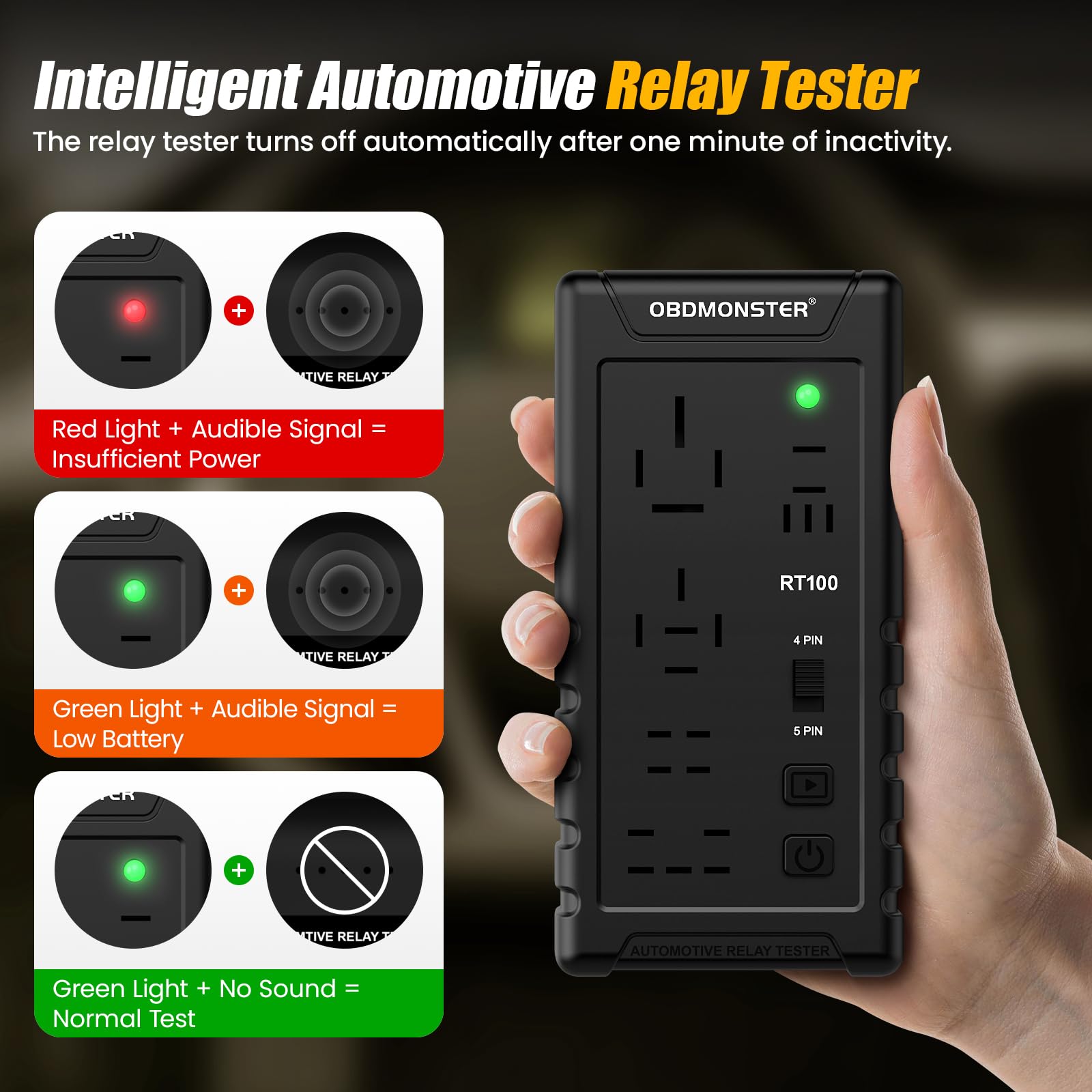 Tester relè per auto 12 V/24 V, strumento di ispezione e diagnostica wireless a 4 pin, 5 pin, adatto per tester di relè con 5 diverse posizioni di piedi, per ruote dei motori marini