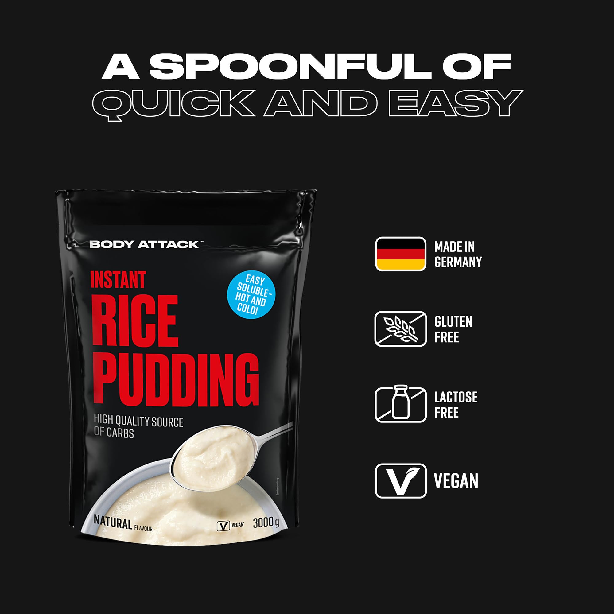 Body Attack Instant Rice Pudding Neutral, 3 kg - Veganer Reispudding für Frühstück & Pre-Workout Snack - Hochwertige Energiequelle dank komplexer Kohlenhydrate - leicht verdaulich
